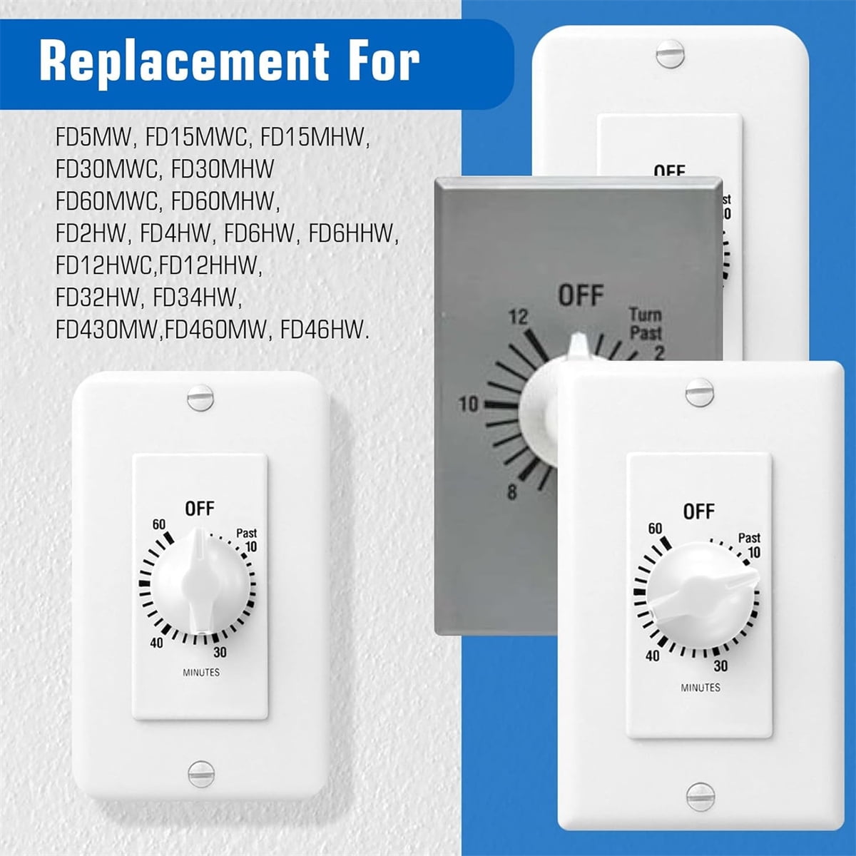 Tutuviw 2 Pack Timer Switch Knob Replacement Timer Switch Knob Compatible Spring Wound Timers D-Type Timer Knob for Wall Bathroom Fan Motor Heater Light (White)