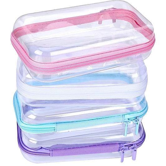 Clear Hard Shell Zipper Case Tutuviw 3 Pcs Plastic Clear Storage Zipper Case Transparent Waterproof Hard Pouches Hard Sided Pencil Case Clear Zipper Toys Puzzles Organizer Bin (4 Colors, S)