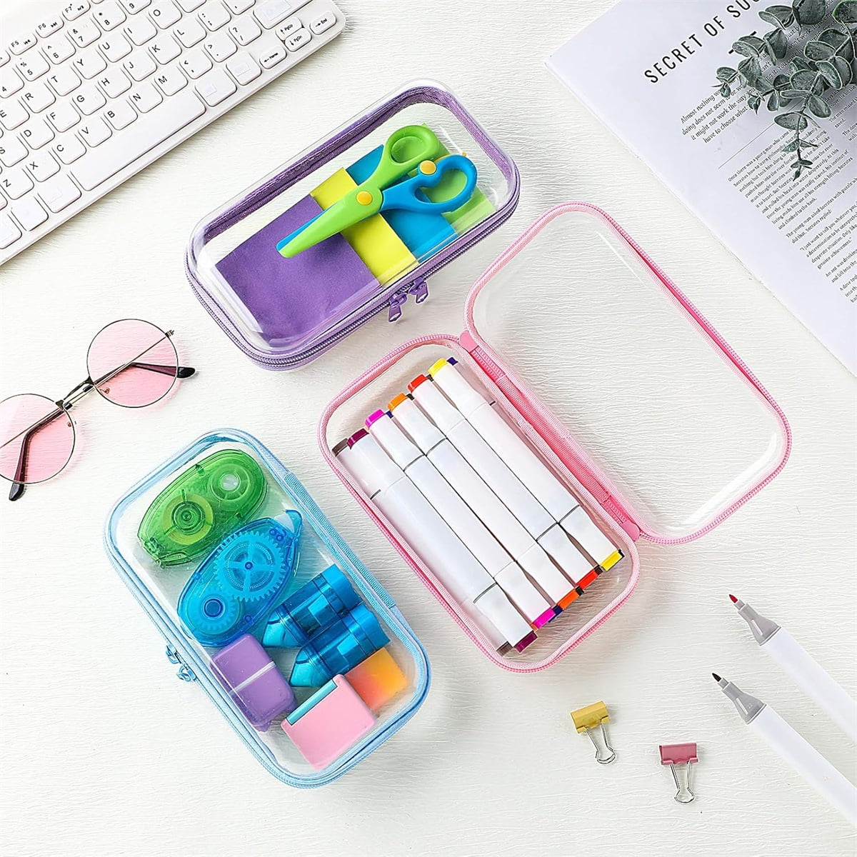 Clear Hard Shell Zipper Case Tutuviw 3 Pcs Plastic Clear Storage Zipper Case Transparent Waterproof Hard Pouches Hard Sided Pencil Case Clear Zipper Toys Puzzles Organizer Bin (4 Colors, S)