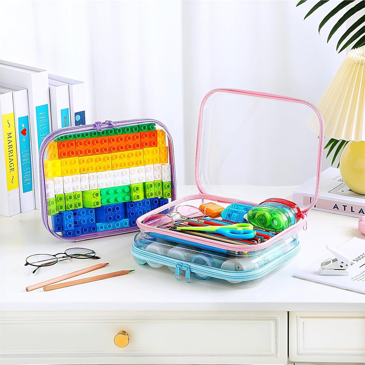 Clear Hard Shell Zipper Case Tutuviw 3 Pcs Plastic Clear Storage Zipper Case Transparent Waterproof Hard Pouches Hard Sided Pencil Case Clear Zipper Toys Puzzles Organizer Bin (4 Colors, S)