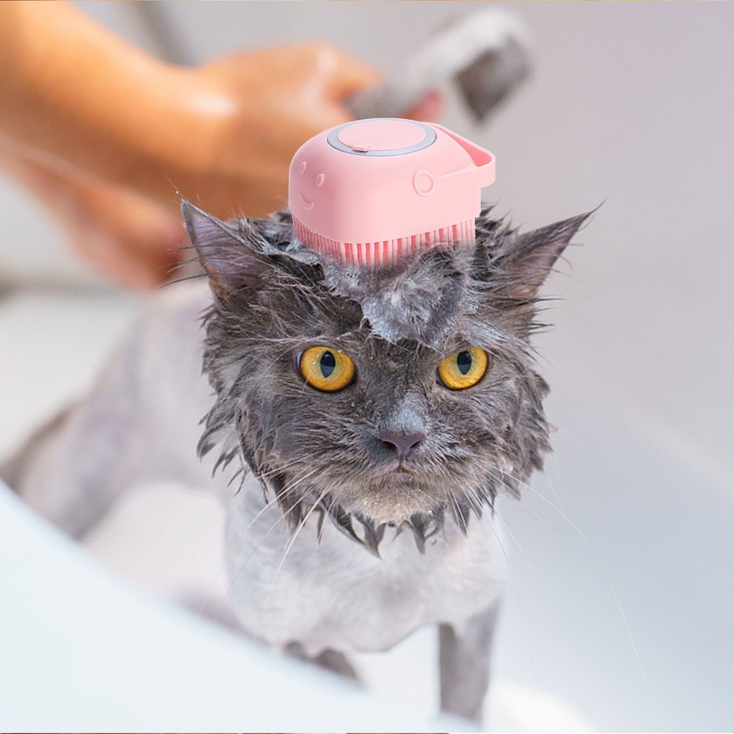 Dog Bath Brush, Pet Massage Brush, Shampoo Dispenser, Soft Silicone Brush, Rubber Bristle for Dogs and Cats Shower, Soft Pet Rub Back Brush, Shower Brush Yellow