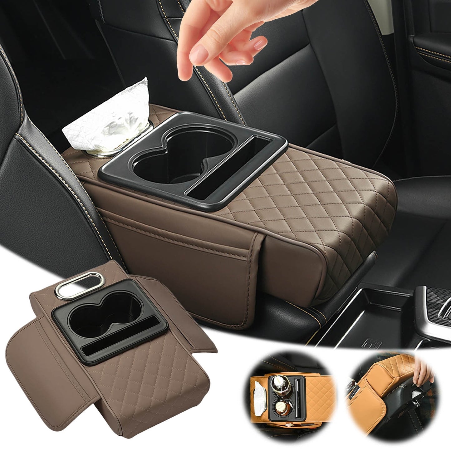 Car Center Console Armrest Pillow, Memory Foam Auto Armrest Box Cover with Cup Holder and Phone Holder, Waterproof Leather Arm Rest Protector Cushion, Car Tissue Box, Interior Car Accessories Black