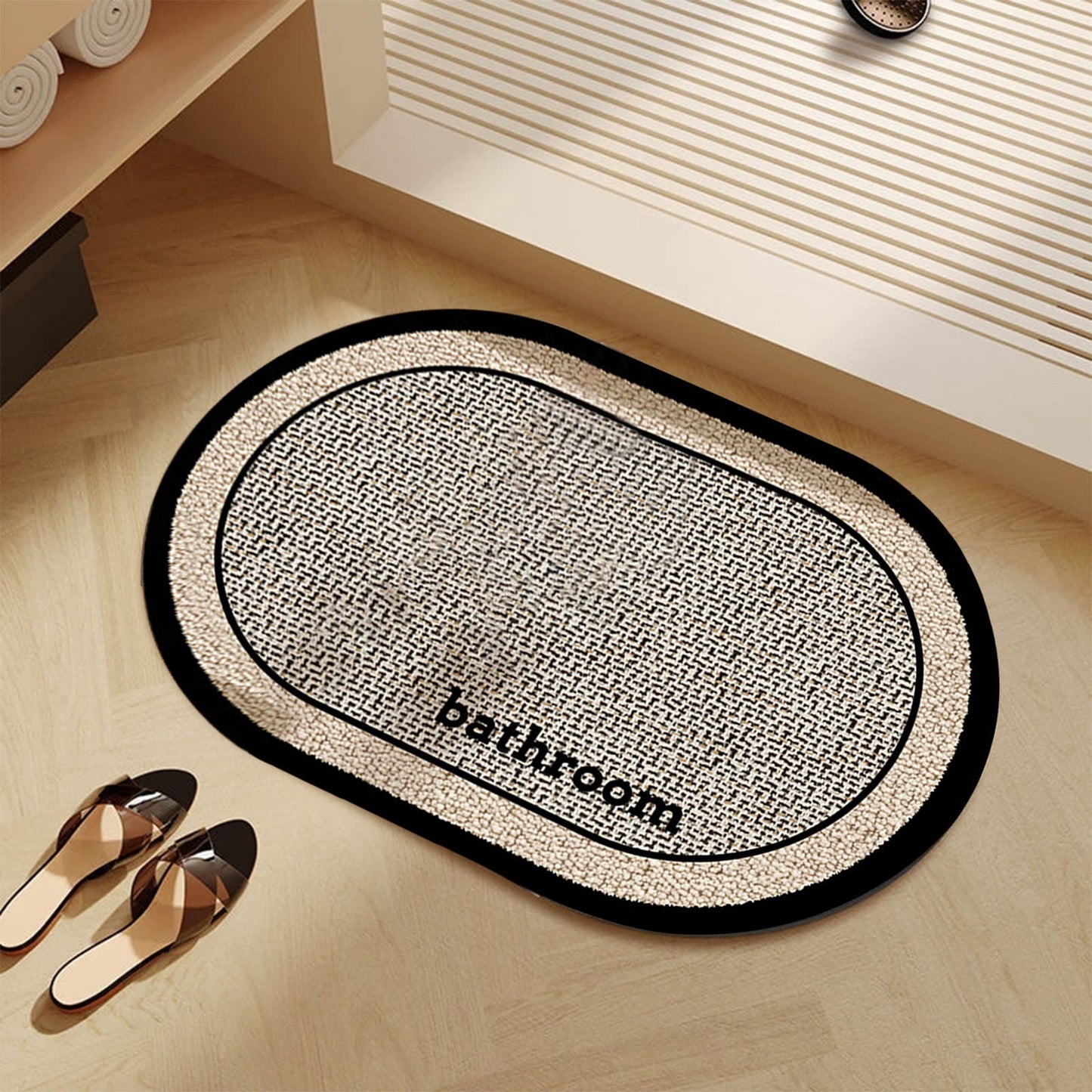 Thin Bath Mat, Super Absorbent Quick Dry Thin Bathroom Rugs, Elliptical Bath Antis-skids Mat, Fit Under Door, Non Slip Rubber Backed Mat, Washable Bathroom Floor Mats Black
