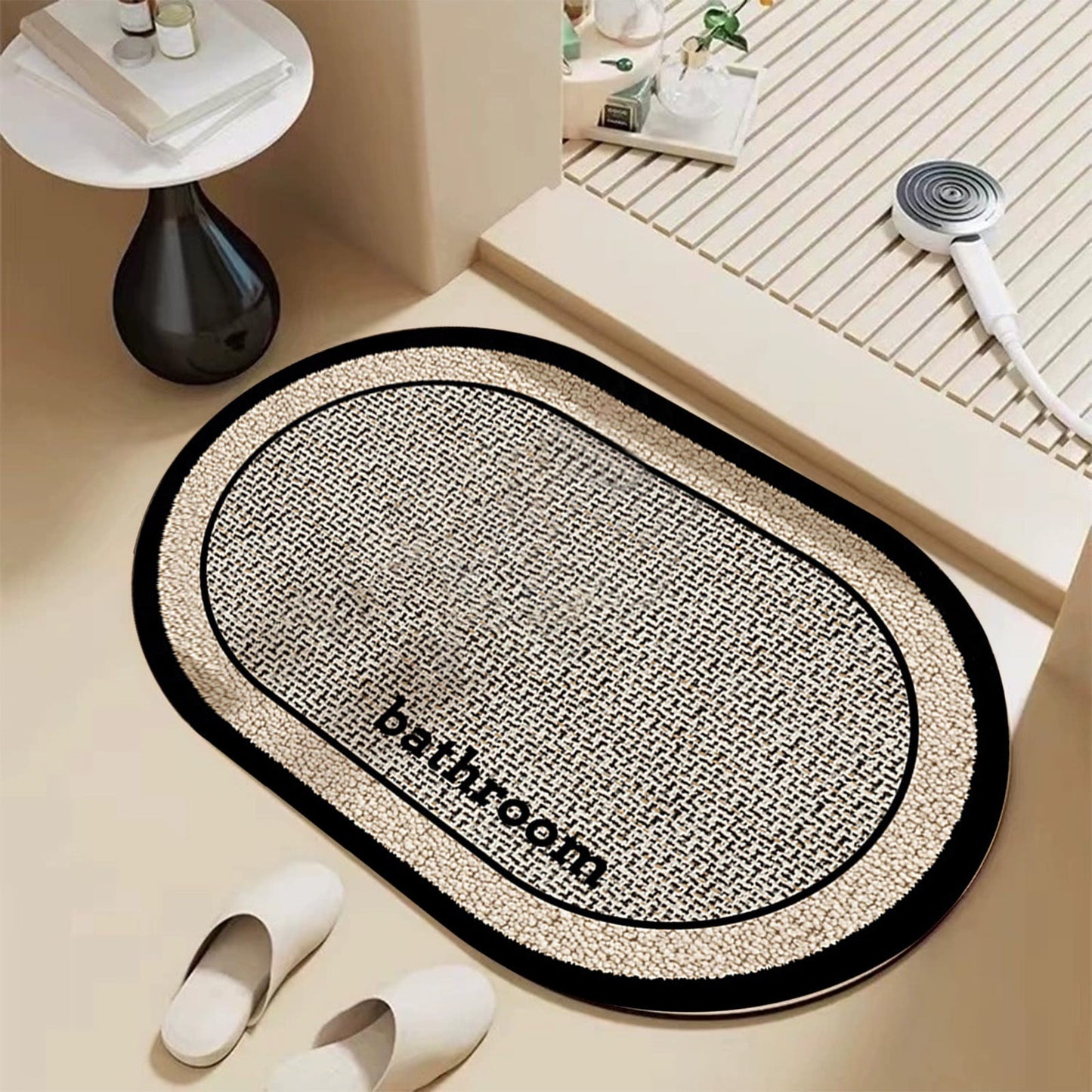 Thin Bath Mat, Super Absorbent Quick Dry Thin Bathroom Rugs, Elliptical Bath Antis-skids Mat, Fit Under Door, Non Slip Rubber Backed Mat, Washable Bathroom Floor Mats Black