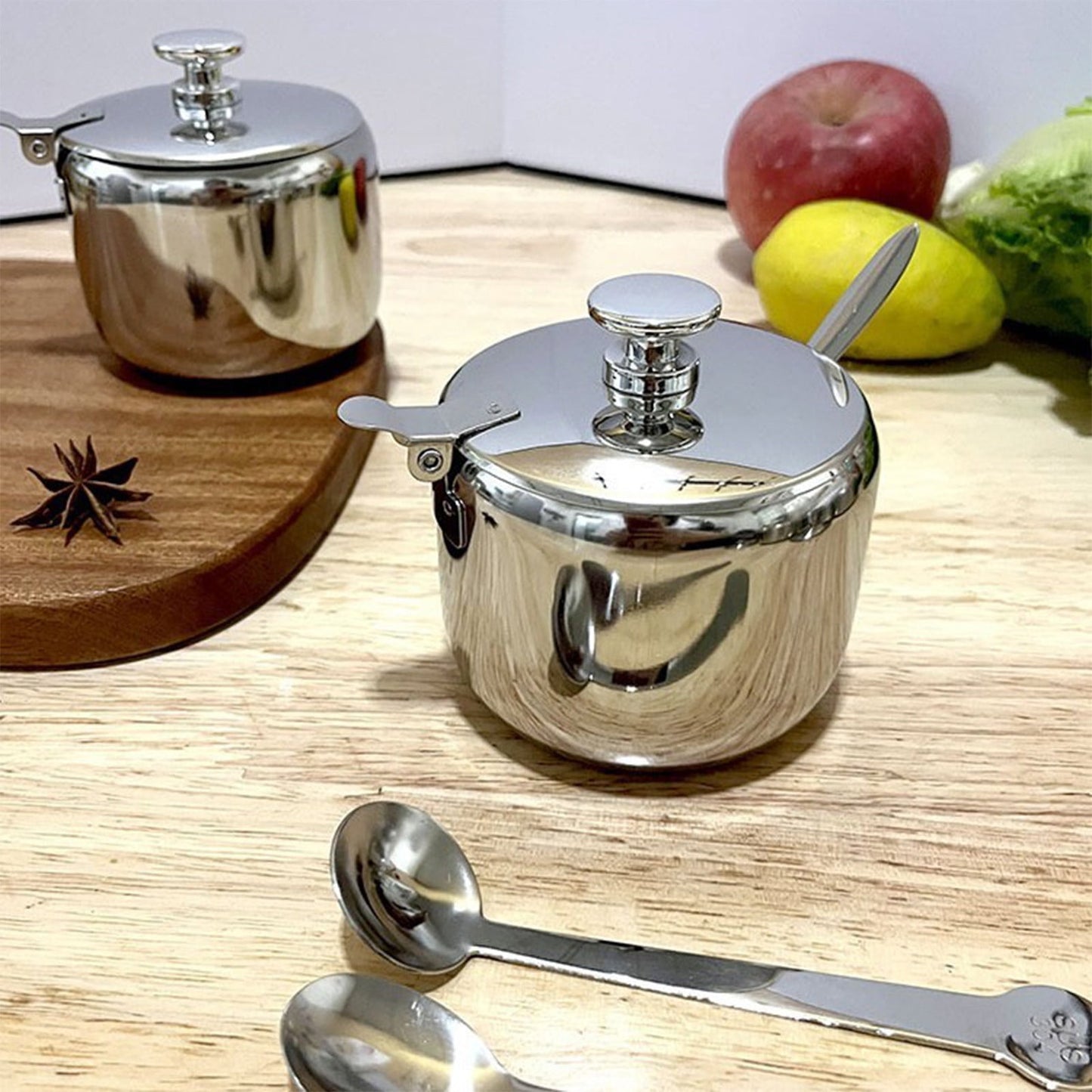 Sugar Bowl with Lid and Spoon, Stainless Steel Sugar Creamer Container, Round Seasoning Jar, Durable Seasoning Jar, for Coffee Bar Accessories, Kitchen Food Storage Jar S