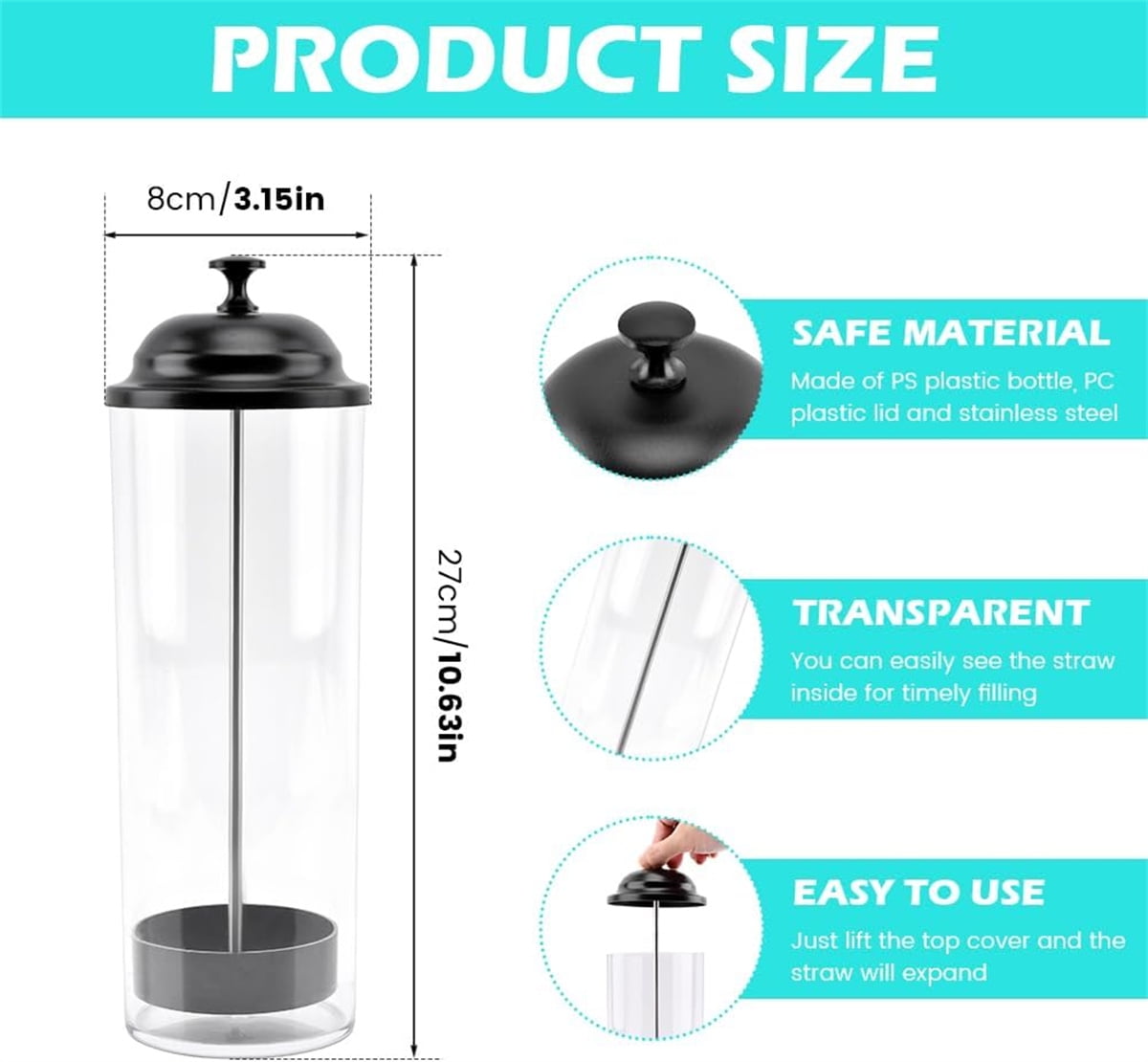 10.6 in Straw Dispenser with Lid, Tutuviw Plastic Straw Holder for Counter, Drinking Straw Organizer Container Transparent Straw Holder for Most Straws, Black (Straws Not Include)