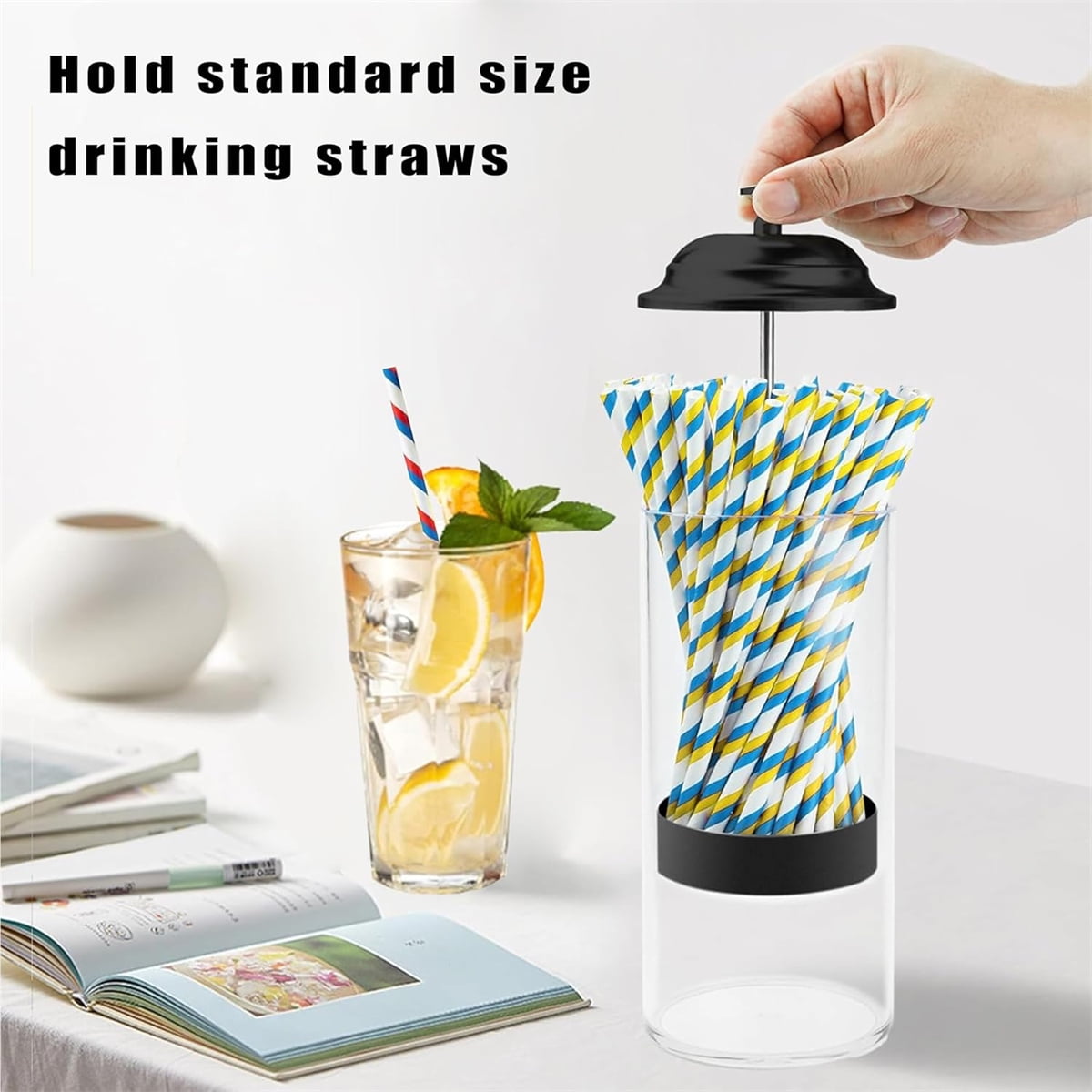10.6 in Straw Dispenser with Lid, Tutuviw Plastic Straw Holder for Counter, Drinking Straw Organizer Container Transparent Straw Holder for Most Straws, Black (Straws Not Include)