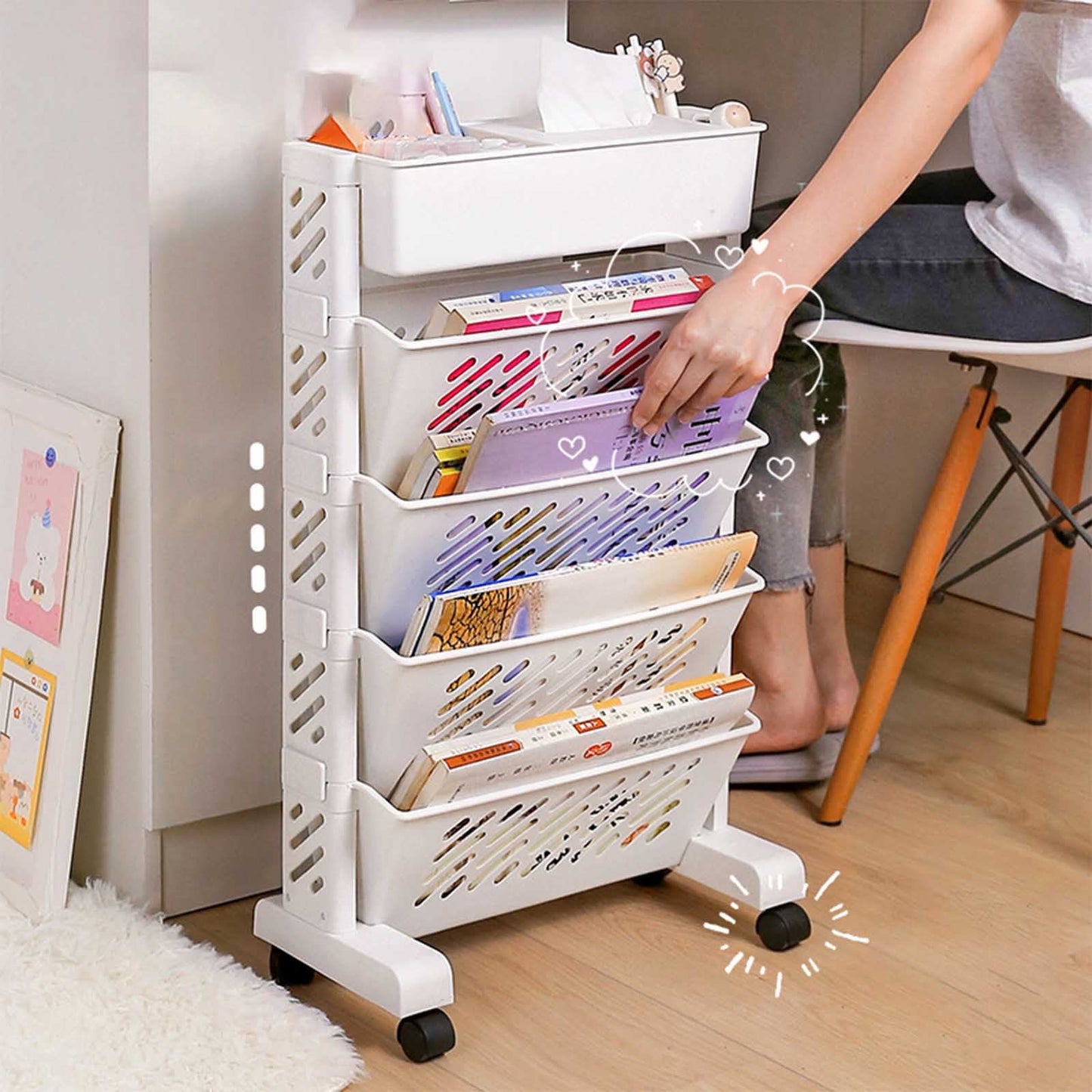 Mobile Bookshelf, Plastic Rolling Organization Shelf, Practical Rotatable for Home, Movable Bookcase with Wheels, Floor Shelf, Book Stand Trolley, Plastic Mobile Bookshelf Organizer White