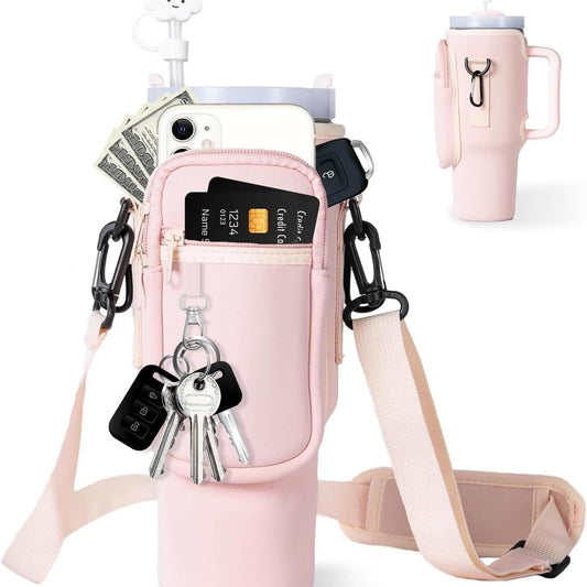 Water Bottle Carrier Bag with Phone Pocket, for Tumbler Water Bottle Holder Pouch with Adjustable Strap Bollus, with Straw Cover and Carabiner, for Cup Accessories,40oz Beige