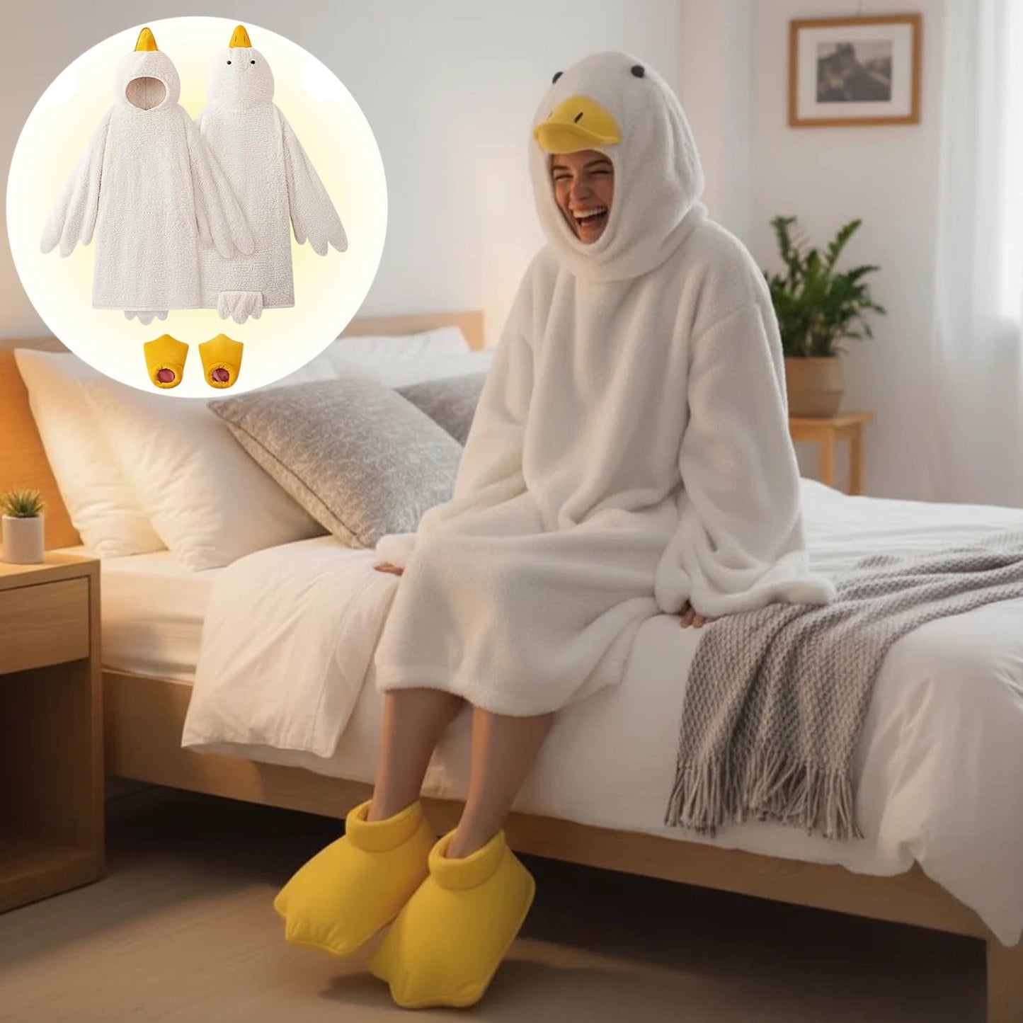 Goose Blanket Hoodie Onesie, Large Warm Wearable Flannel Blankets with Sleeves and Gooses Feet Slippers, for Festival Home Party Holiday Indoor M White