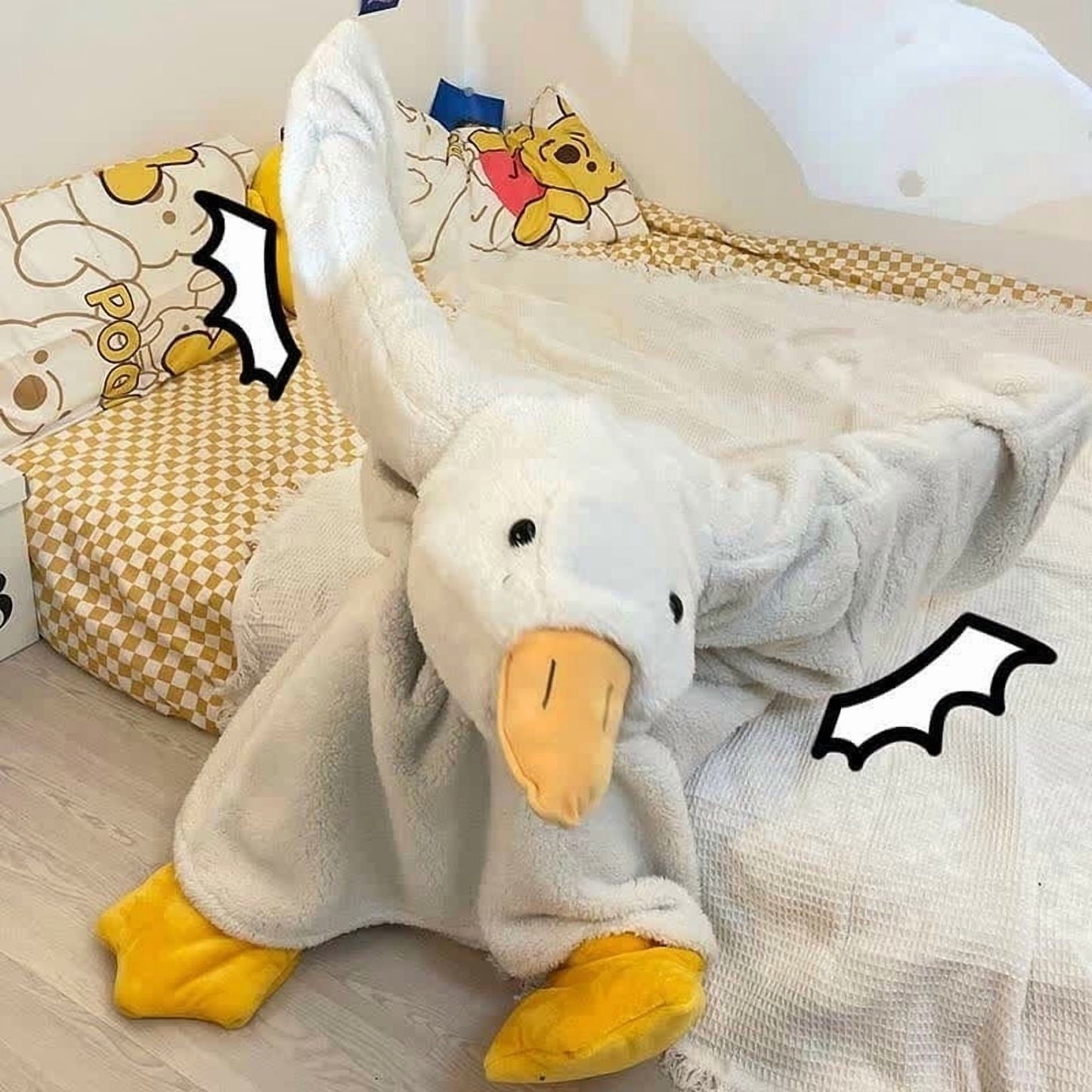 Goose Blanket Hoodie Onesie, Large Warm Wearable Flannel Blankets with Sleeves and Gooses Feet Slippers, for Festival Home Party Holiday Indoor M White