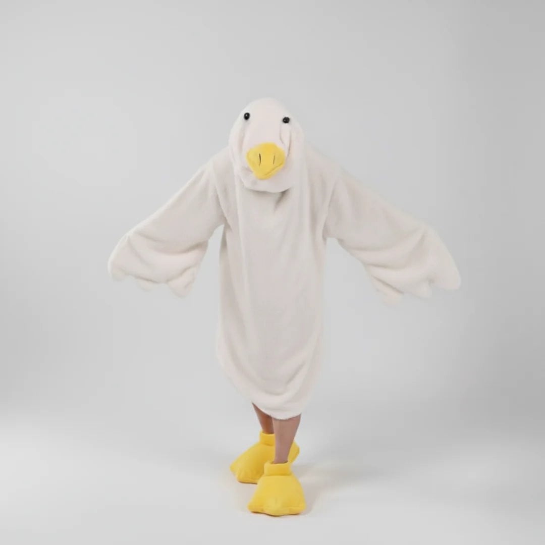 Goose Blanket Hoodie Onesie, Large Warm Wearable Flannel Blankets with Sleeves and Gooses Feet Slippers, for Festival Home Party Holiday Indoor XL White