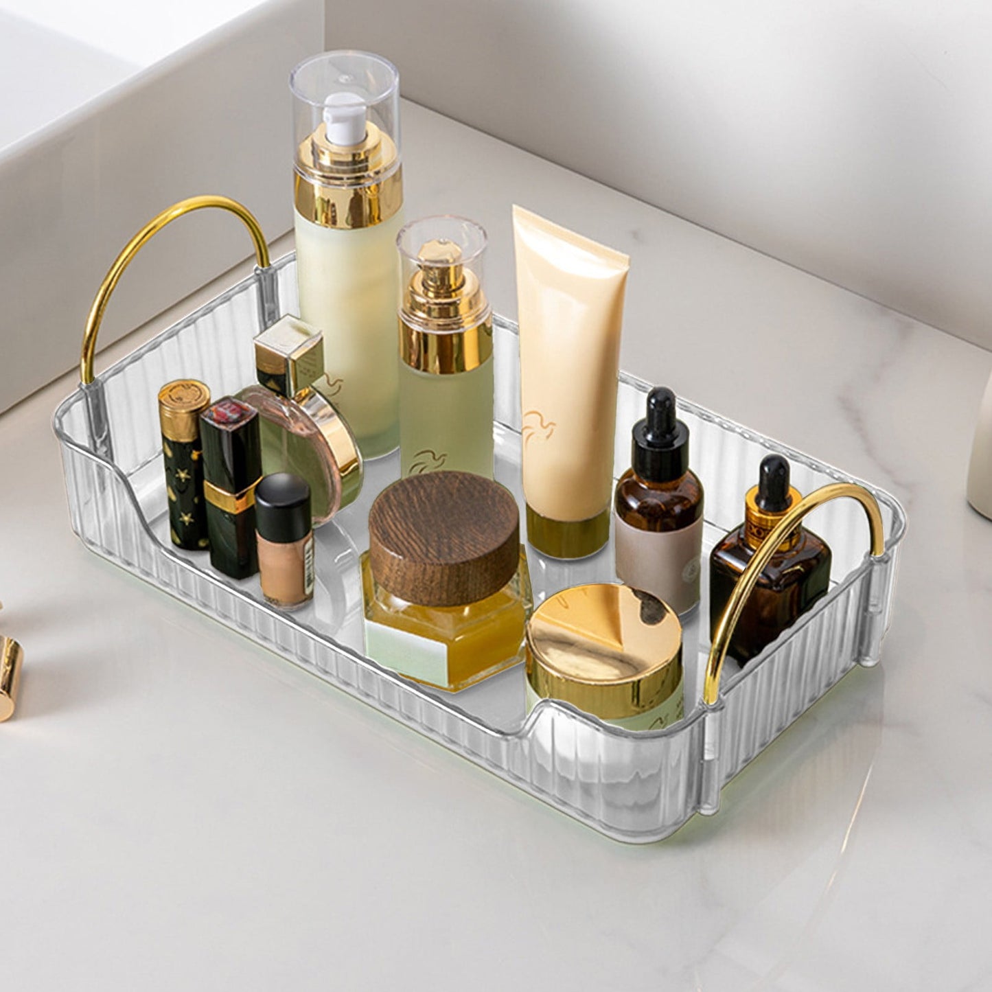 Bathroom Organizer Countertop, Vanity Tray for Skincare Makeup, Counter Organizer, Transparent Ribbon Handle Storage Rack, for Cosmetics, Toiletries, Lotions, Perfumes Green