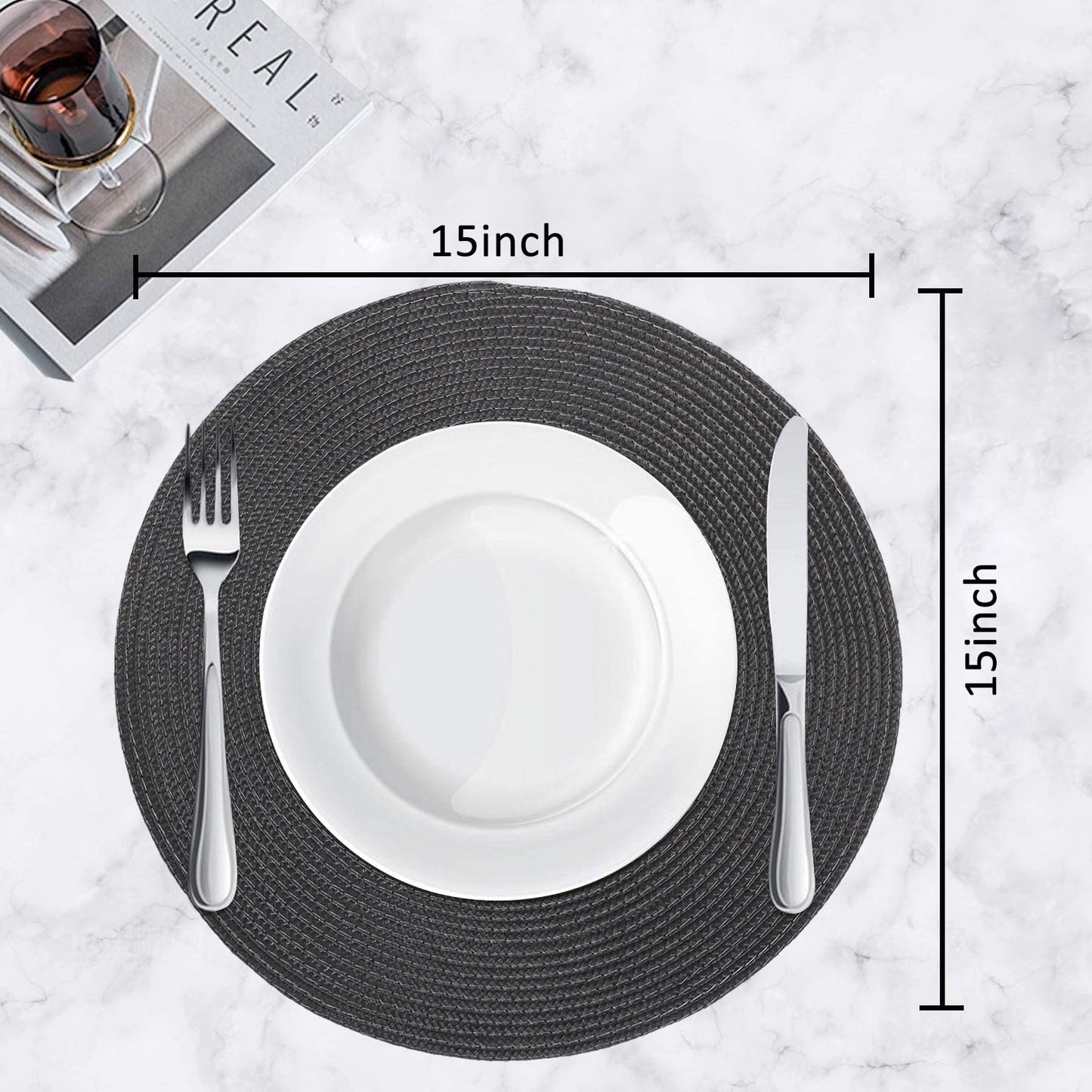 Braided Placemats for Dining Table Set of 6 - Round 15 inch Woven Heat Resistant Non-Slip Kitchen Table Mats, Red Black