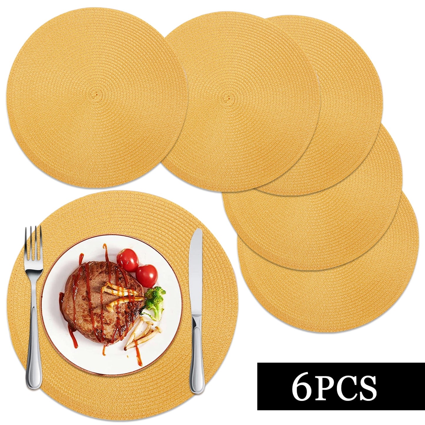 Braided Placemats for Dining Table Set of 6 - Round 15 inch Woven Heat Resistant Non-Slip Kitchen Table Mats, Red Yellow