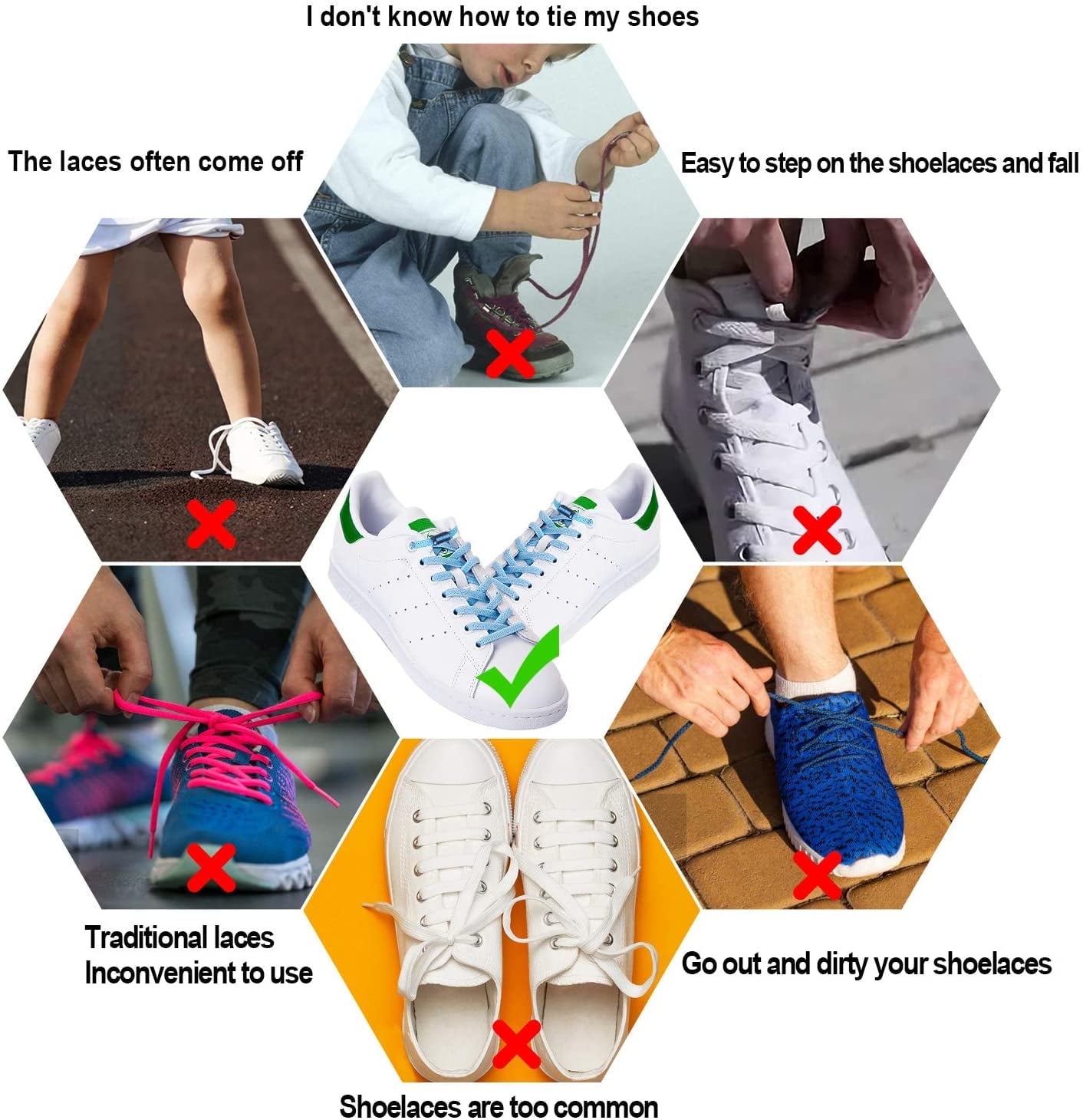 4Pairs No Tie Elastic Shoe Laces Adjustable Tieless Shoelaces, One Size Fits All Adult & Kids,Black, White, Blue, Brown Black, white, blue, brown