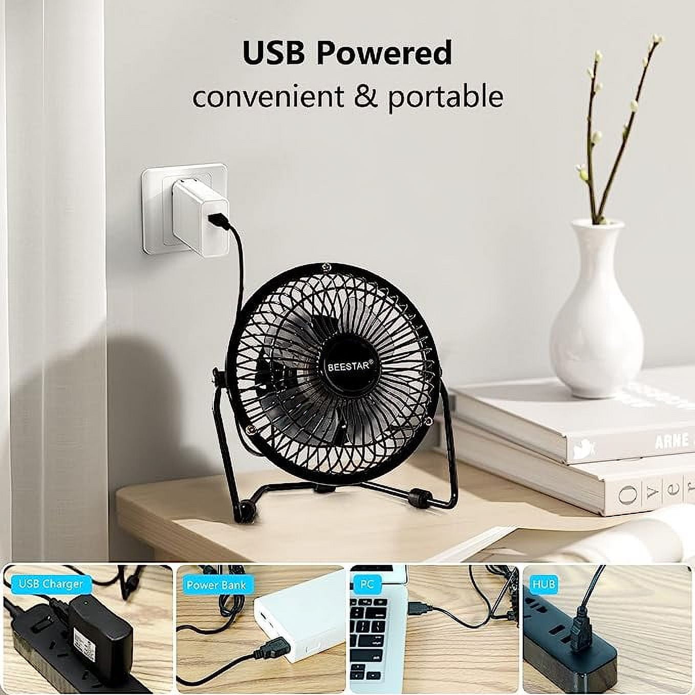 Tutuviw 4 Inch USB Desk Fan,Small and Quiet,Powerful USB Powered Portable Fan,Strong Airflow,Mini Metal USB Fan,360°Rotation,Personal Cooling Fan with 2 Speed for Home Office Black