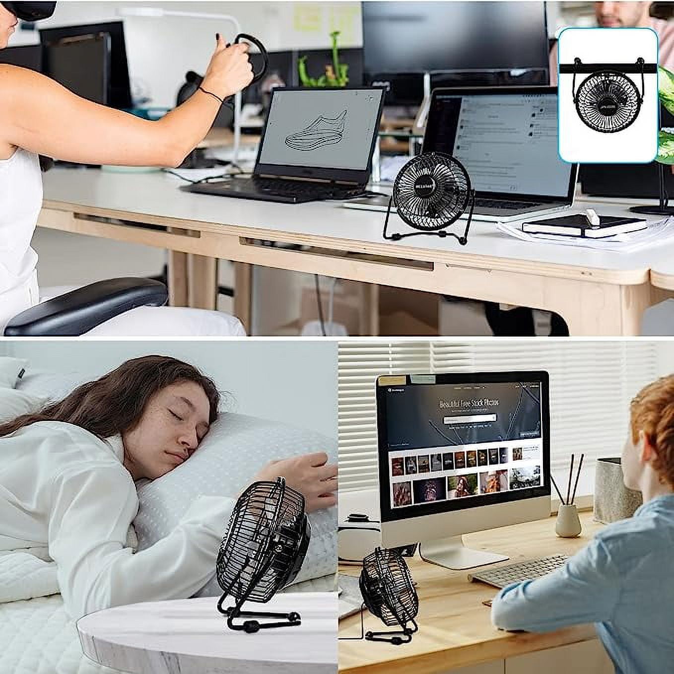 Tutuviw 4 Inch USB Desk Fan,Small and Quiet,Powerful USB Powered Portable Fan,Strong Airflow,Mini Metal USB Fan,360°Rotation,Personal Cooling Fan with 2 Speed for Home Office,Black Blue