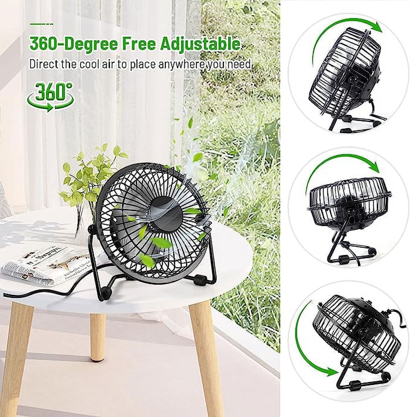 Tutuviw 4 Inch USB Desk Fan,Small and Quiet,Powerful USB Powered Portable Fan,Strong Airflow,Mini Metal USB Fan,360°Rotation,Personal Cooling Fan with 2 Speed for Home Office,Black Green