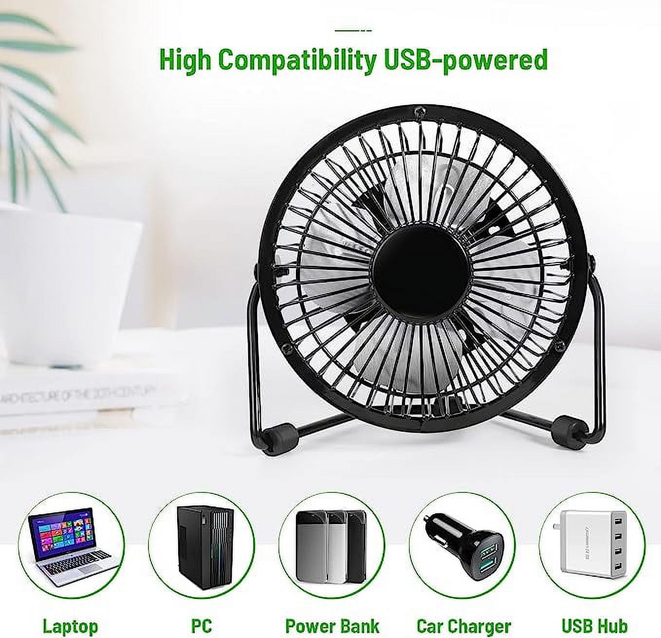 Tutuviw 4 Inch USB Desk Fan,Small and Quiet,Powerful USB Powered Portable Fan,Strong Airflow,Mini Metal USB Fan,360°Rotation,Personal Cooling Fan with 2 Speed for Home Office,Black Green