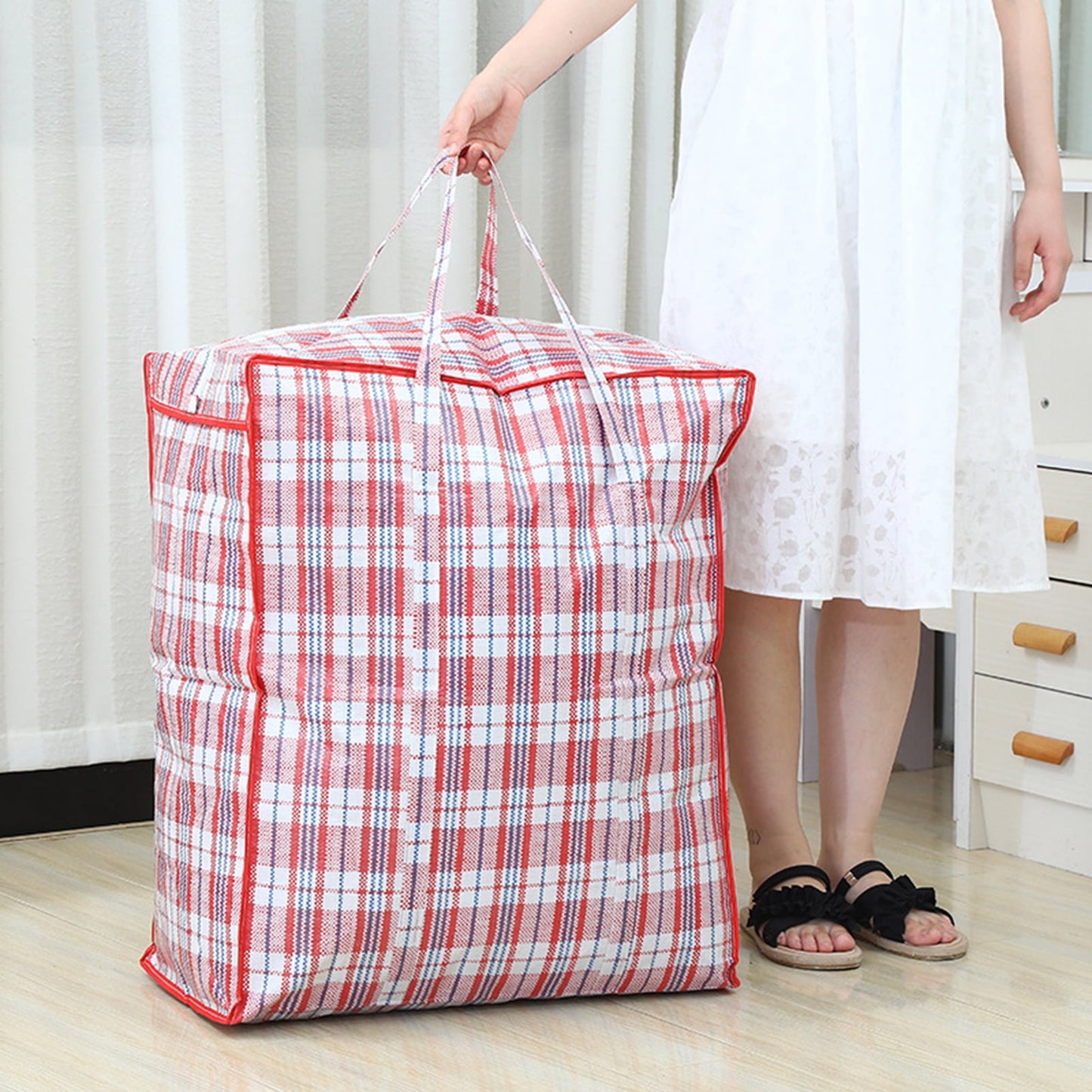 Dream Lifestyle Large Capacity Storage Bags, Large Checkered Storage Laundry Bag with Zipper & Handles for Shopping Moving Travel Blue