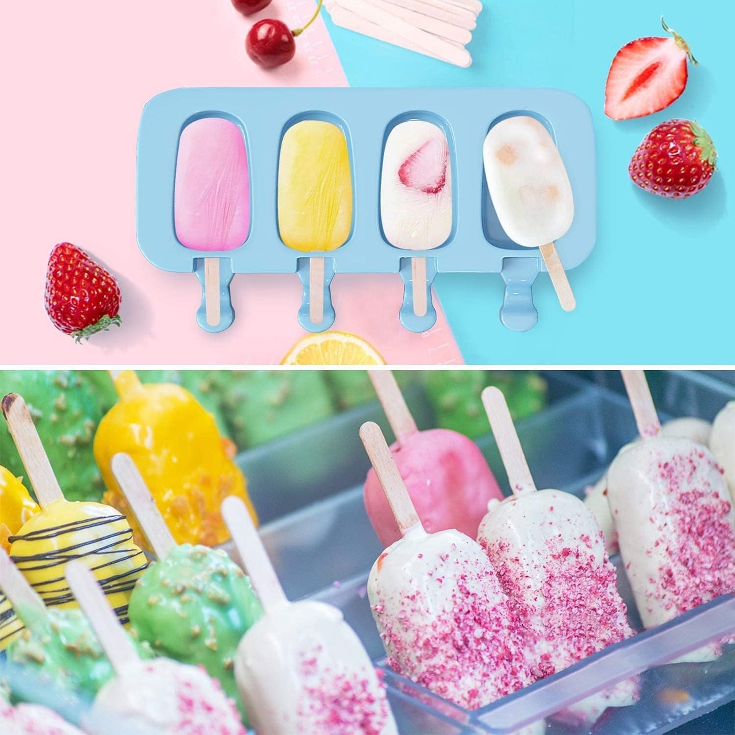 2Pack Popsicle Molds, 4 Cavities Ice Pop Molds, Silicone Popsicle Molds for Kids, Cake Pop Mold with 100 Wooden Sticks for DIY Ice Popsicle, Cakesicle Molds Silicone