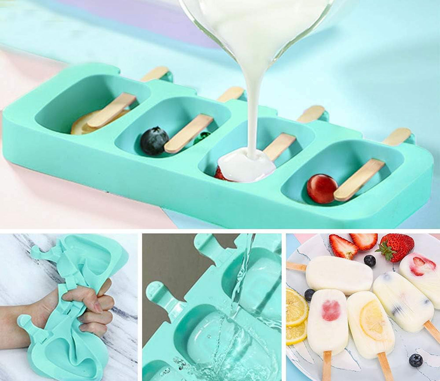 2Pack Popsicle Molds, 4 Cavities Ice Pop Molds, Silicone Popsicle Molds for Kids, Cake Pop Mold with 100 Wooden Sticks for DIY Ice Popsicle, Cakesicle Molds Silicone