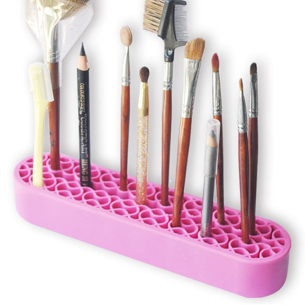 Bueautybox Makeup Beauty Brush Holder Organizer, Lipstick Holder Case Silicone Nail Polish Storage Rack Professional Cosmetic Display Box Pink