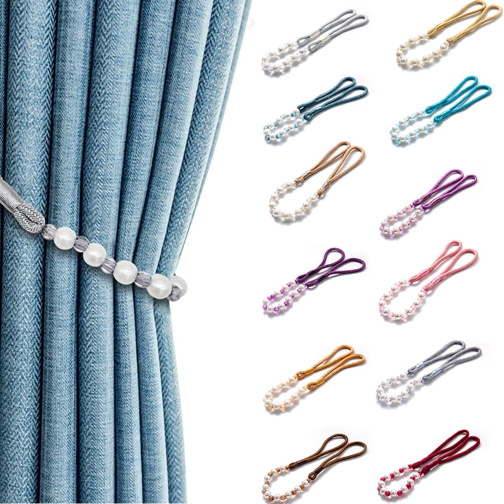 Visland 2 Pack Acrylic Pearl Curtain Tie Backs Curtain Hooks, Elegant Beads Curtain Rope Straps, Decorative Holdbacks Curtain Holders, 29in Sliver White