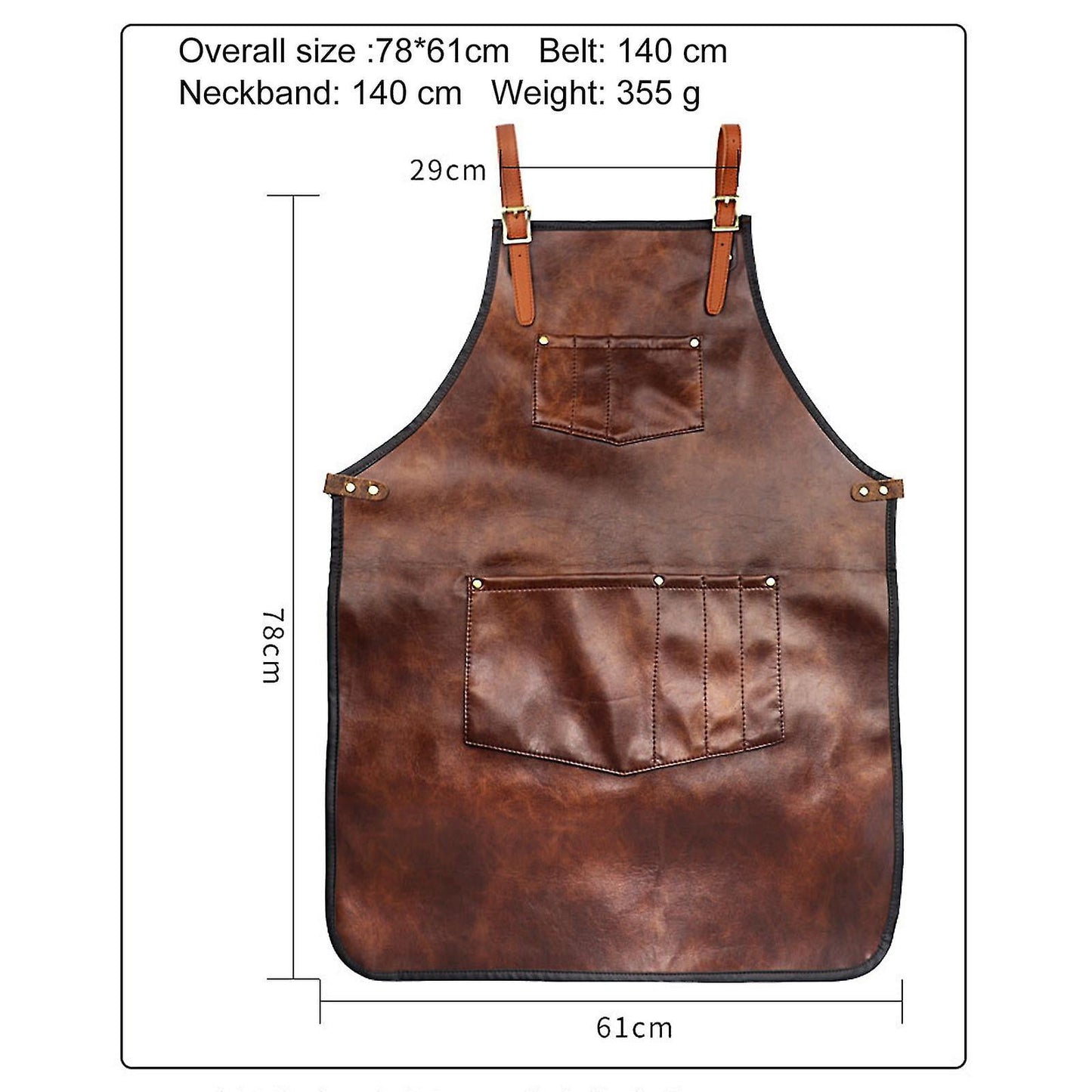 Brown B Chef Apron For Men Women Waterproof Leather Apron With Pockets Cross-Back Straps For Kitchen Bbq Cooking Barber Barista Apron Handworking