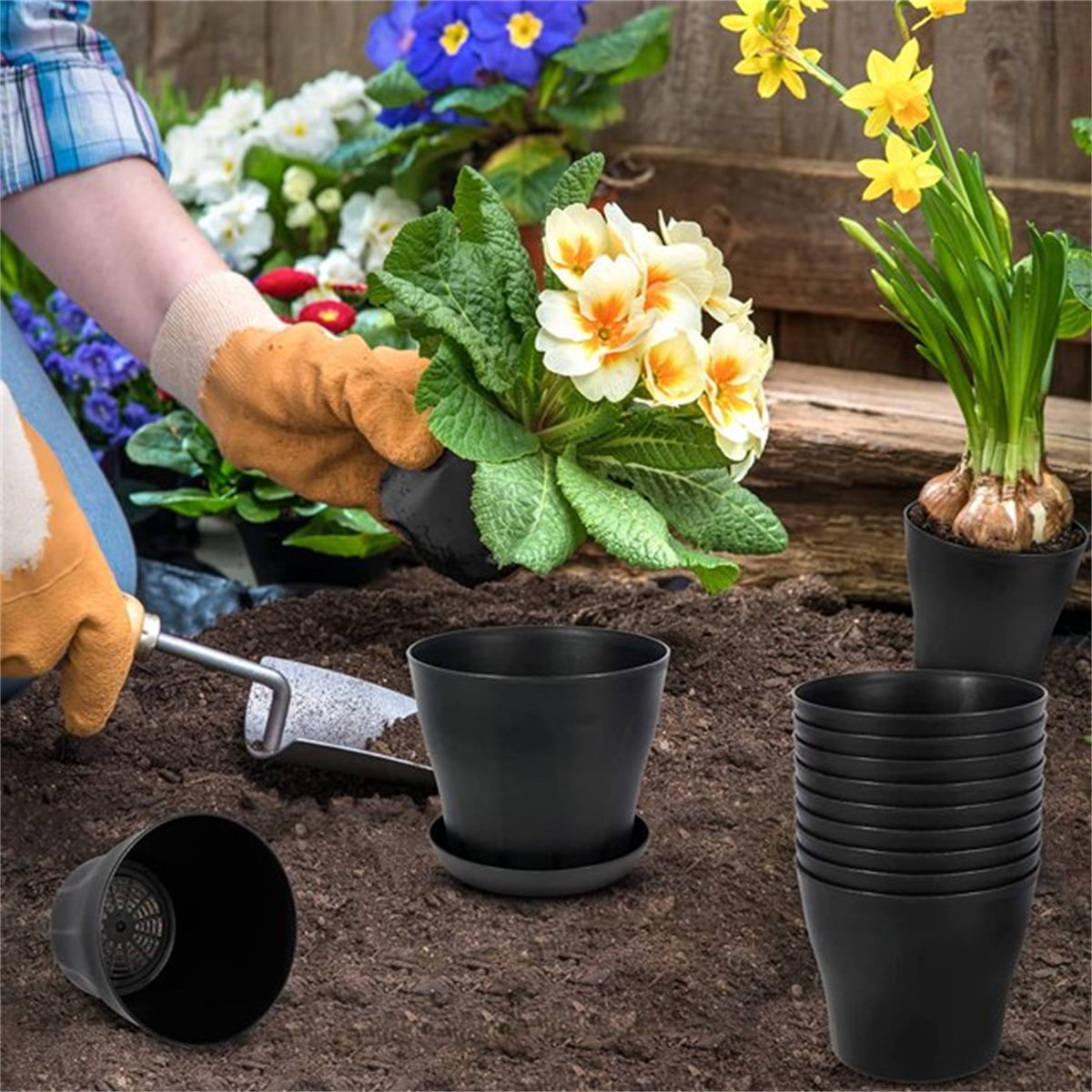 Pots for Plants, 8 Pack 4.8 inch Plastic Planters with Multiple Drainage Holes and Trays - Plant Pots for All Home Garden Flowers Succulents (White) 4.8inch-Black1