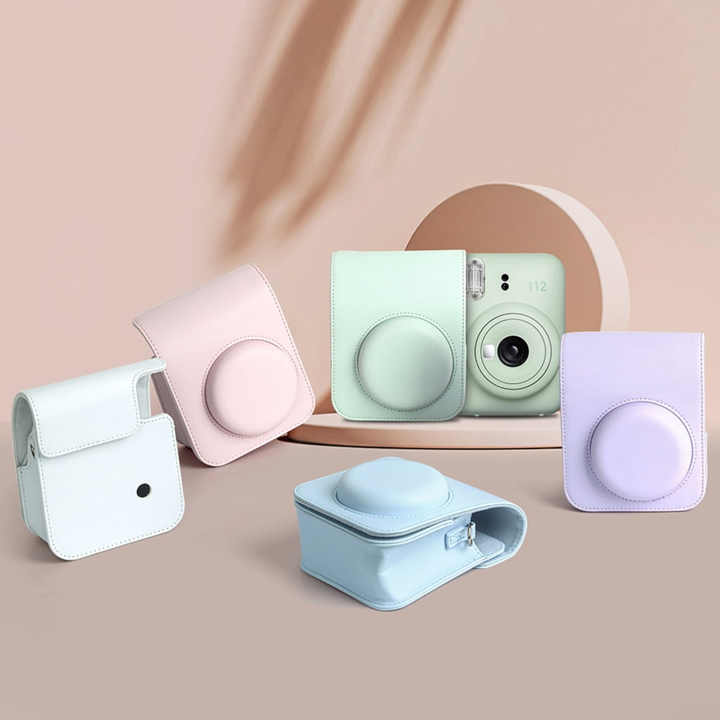 For Instax Mini 12 Camera Case PU Leather Soft Silicone Cover Bag for Fujifilm Polaroid Film Camera Bag w/Shoulder Strap Jasmine white