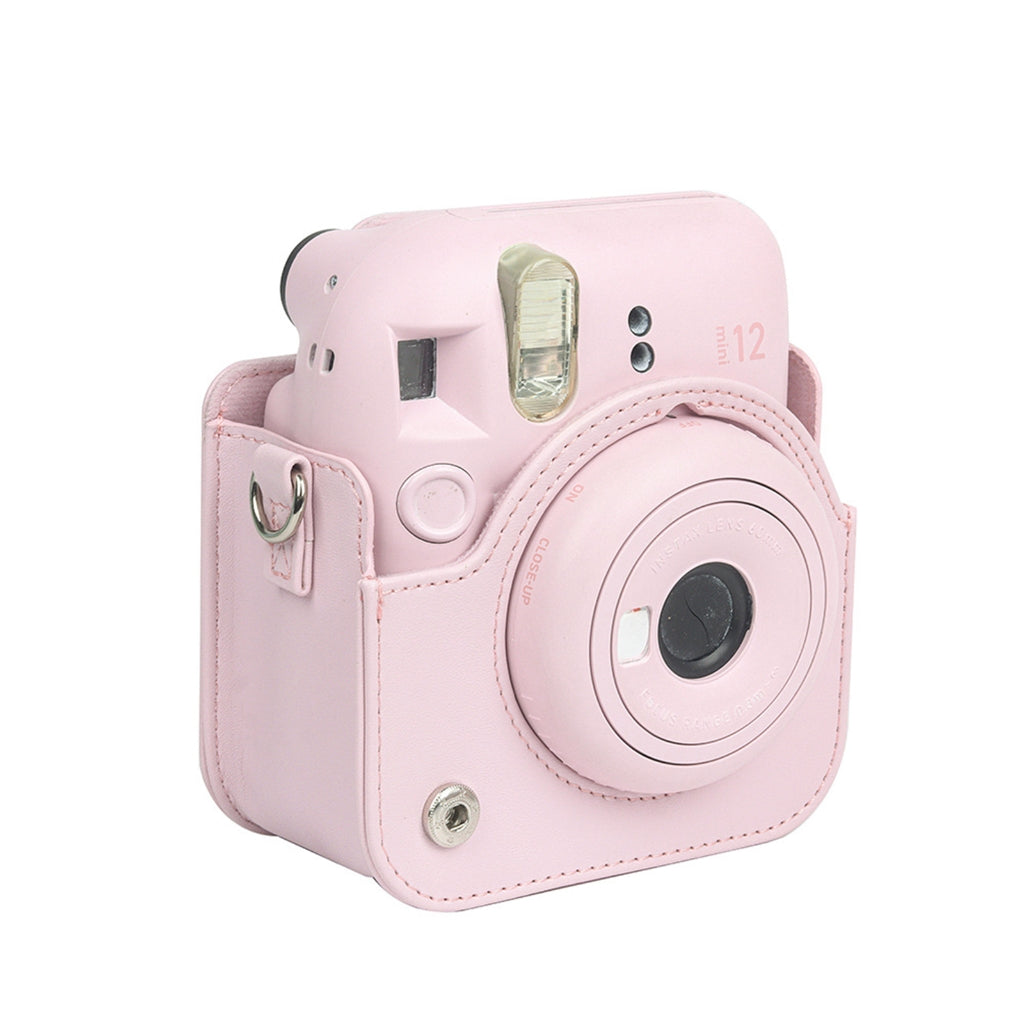 For Instax Mini 12 Camera Case PU Leather Soft Silicone Cover Bag for Fujifilm Polaroid Film Camera Bag w/Shoulder Strap Jasmine white