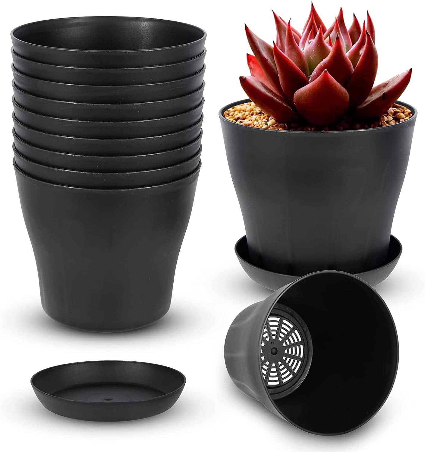 Pots for Plants, 8 Pack 4 inch Plastic Planters with Multiple Drainage Holes and Trays - Plant Pots for All Home Garden Flowers Succulents (White) 4inch-Black