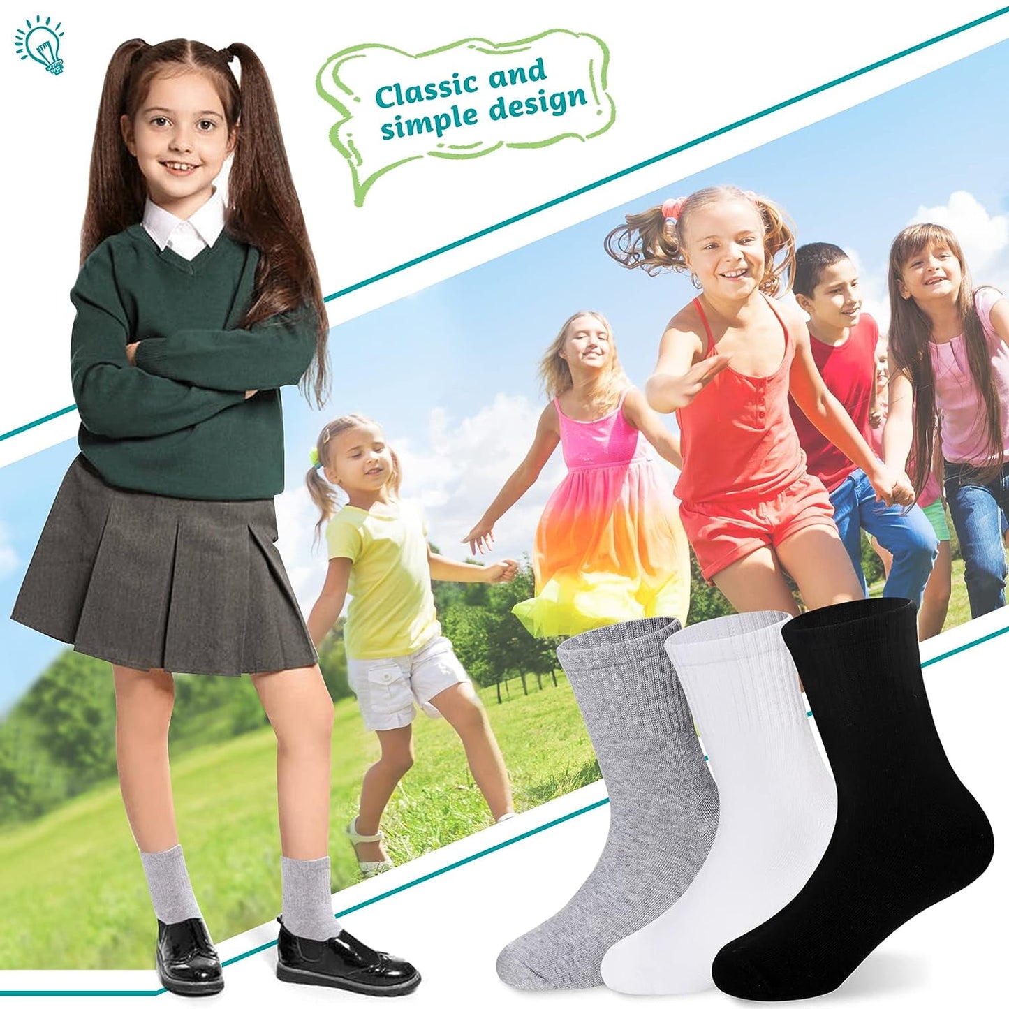 Holzlrgus Kids Athletic Crew Socks Boys Girls Cotton School Uniform Casual Basic Socks 6 Pairs 6 - 8 Years Black + Gray