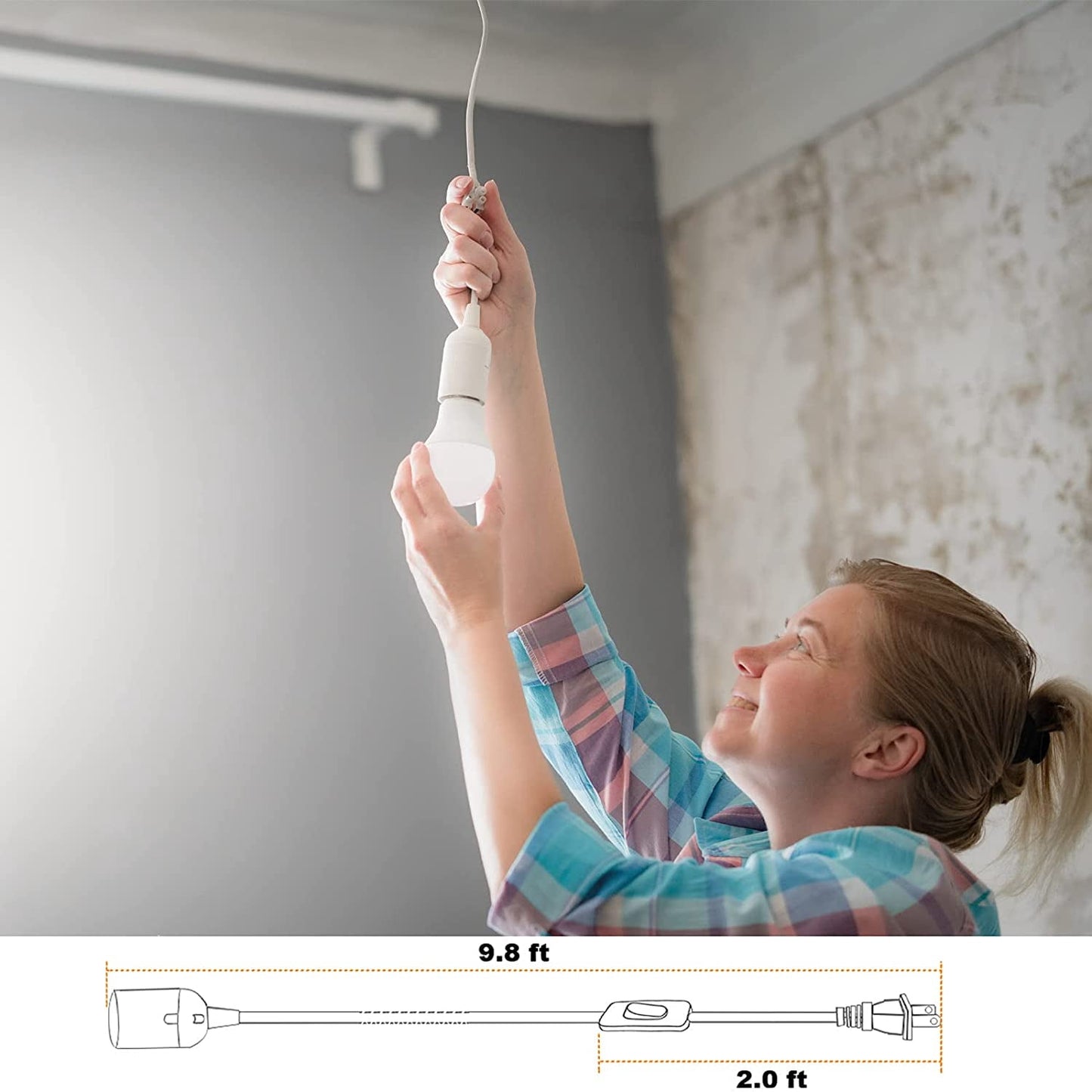 Plug in Hanging Light Kit, Retro Hanging Lights with Plug in Cord, E26 E27 Industrial Pendant Light Fixture, 5.9 FT Cord with On/Off Switch Hanging Lamp for Living Room Bedroom 2 Pack White