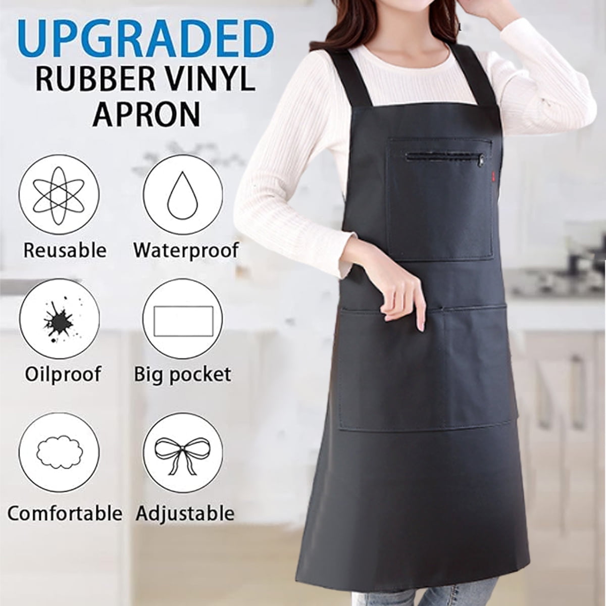 Waterproof Rubber Vinyl Apron - Heavy Duty Model - Stay Dry - Industrial Chemical Resistant Plastic - Leather Apron for Kitchen, Cooking, Dishwashing, Dog Grooming - Black