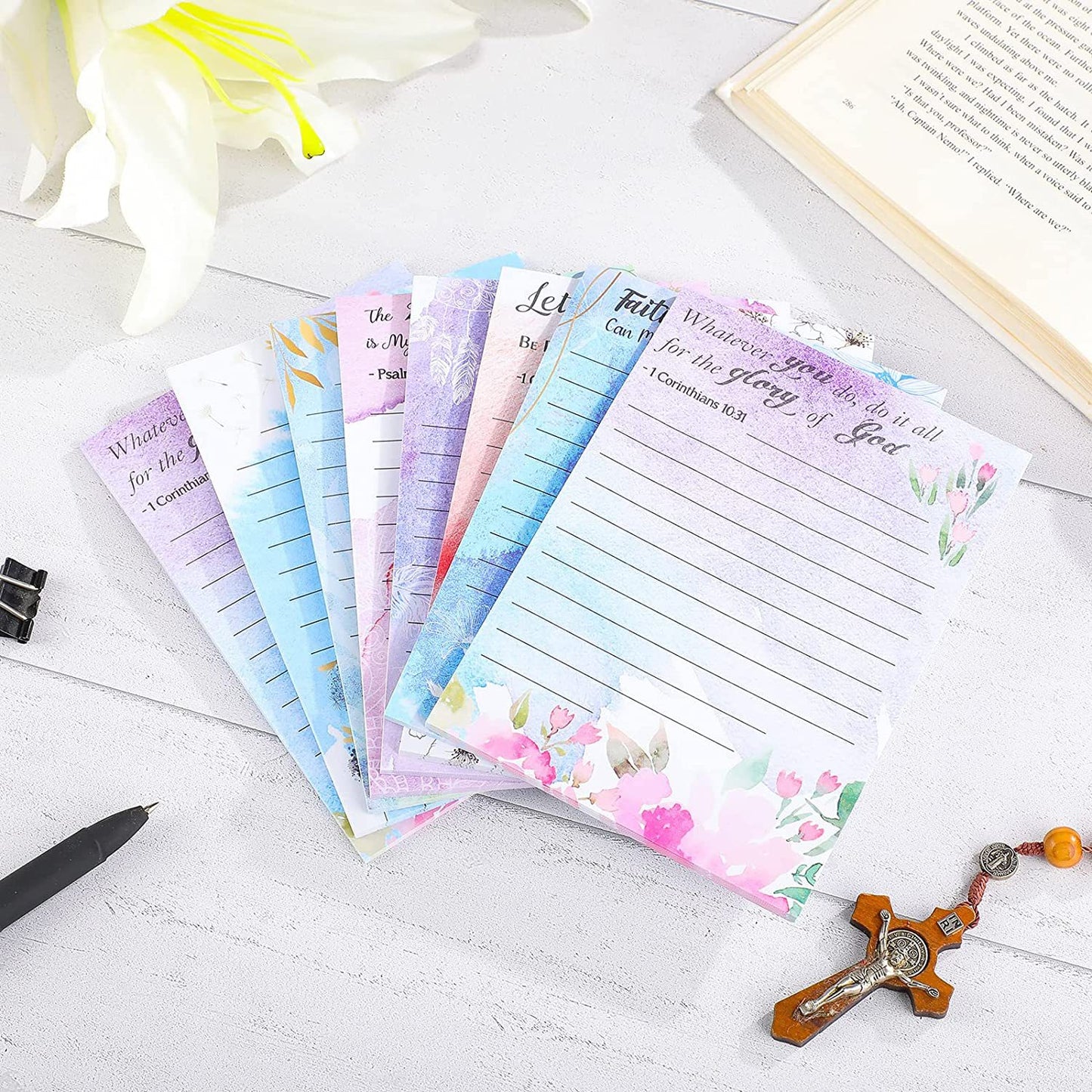 8 Pack Christian Notepads Inspirational Floral Design Adhesive Sticky Note Pads Religious Bible Verse Quotes Notepads for Writing Notes Diary Lists Schedules, 4 x 5 Inch (Fresh Style)