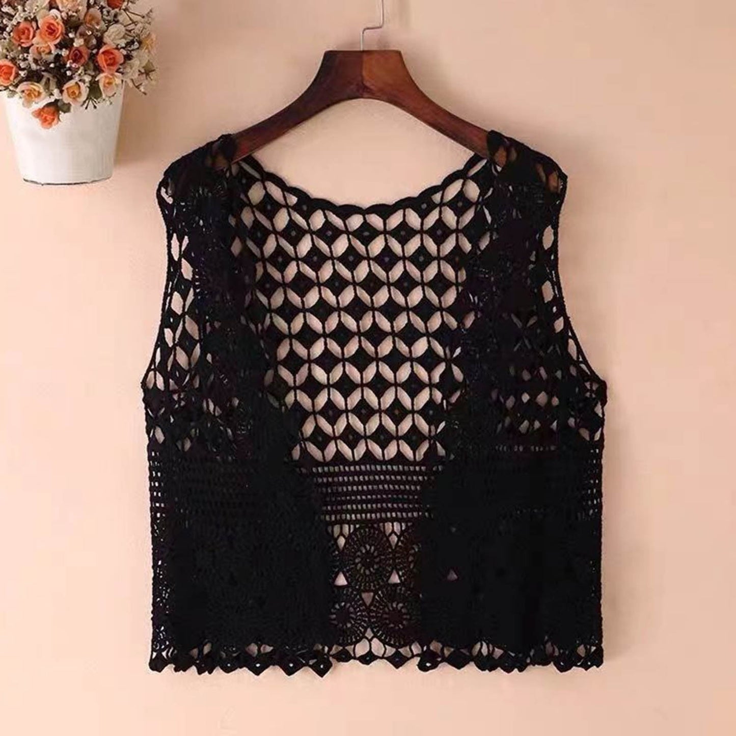 Women Vest Women's Sleeveless Knitted Hollow Vest Retro Crochet Cardigan for Summer Spring Autumn Sleeveless Cardigan One Size Black