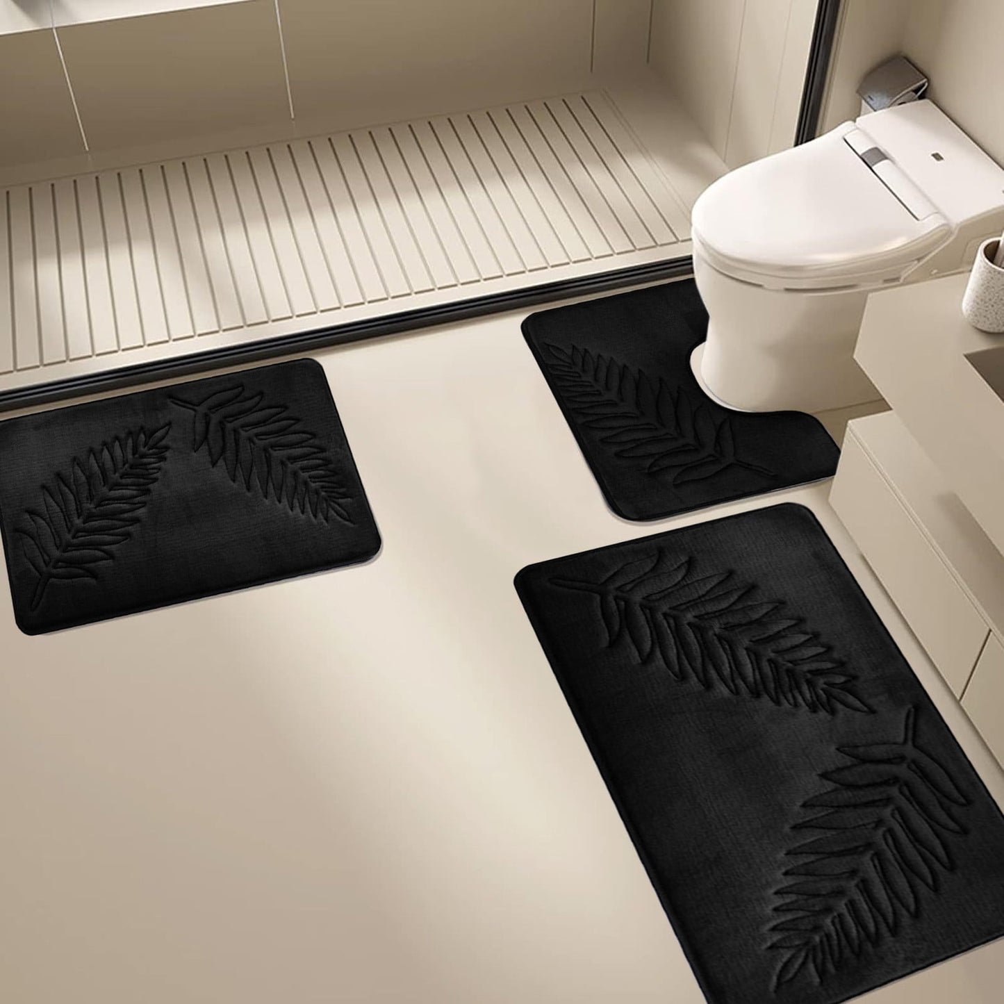 Summercome 3 Pcs Bathroom Rugs, Leaves Bath Mat Toilet Mats, Soft Comfortable Non-Slip Bathroom Rug Set, Bath Mats for Bathroom, Machine Washable Bath Mat Bathroom Rug Sets, 20x31.5in 3pc Black