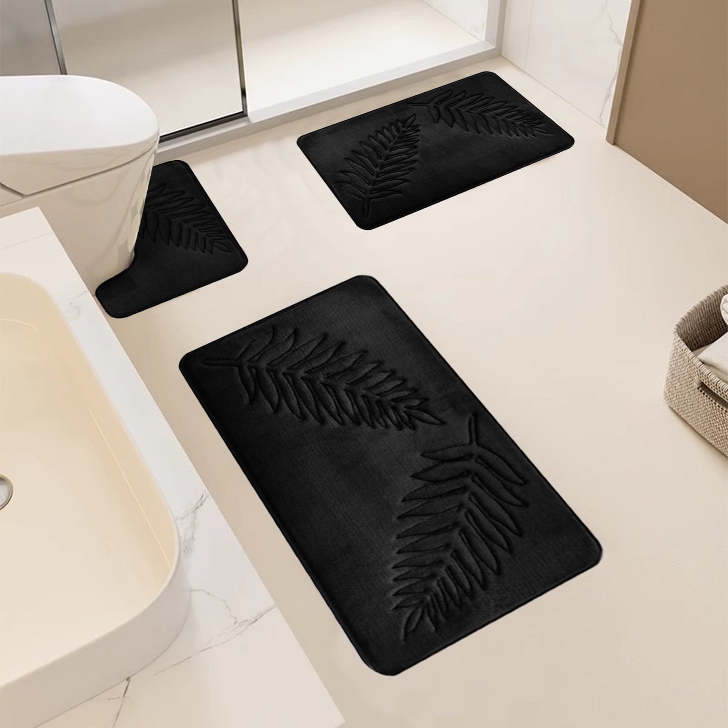 Summercome 3 Pcs Bathroom Rugs, Leaves Bath Mat Toilet Mats, Soft Comfortable Non-Slip Bathroom Rug Set, Bath Mats for Bathroom, Machine Washable Bath Mat Bathroom Rug Sets, 20x31.5in 3pc Black