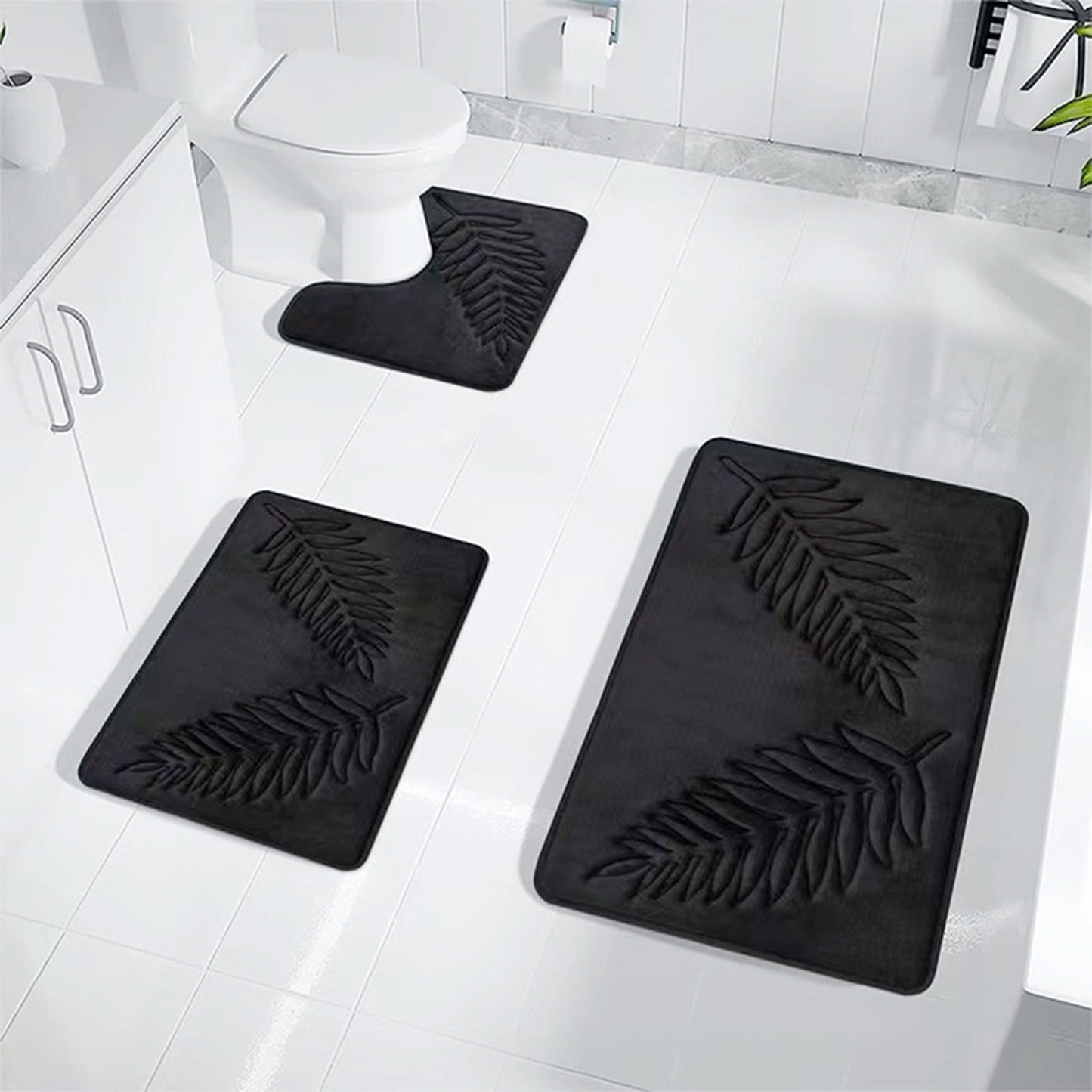 Summercome 3 Pcs Bathroom Rugs, Leaves Bath Mat Toilet Mats, Soft Comfortable Non-Slip Bathroom Rug Set, Bath Mats for Bathroom, Machine Washable Bath Mat Bathroom Rug Sets, 20x31.5in, Black 3pc Dark Gray