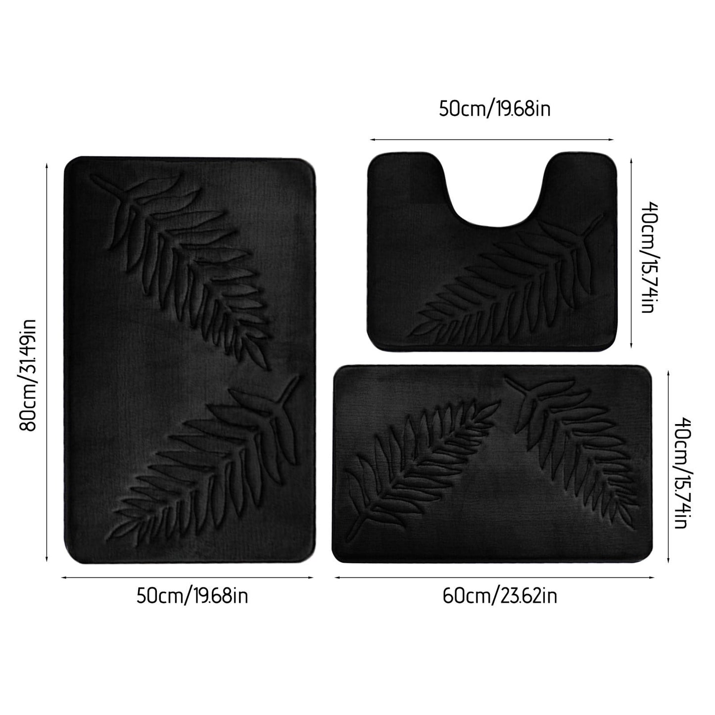 Summercome 3 Pcs Bathroom Rugs, Leaves Bath Mat Toilet Mats, Soft Comfortable Non-Slip Bathroom Rug Set, Bath Mats for Bathroom, Machine Washable Bath Mat Bathroom Rug Sets, 20x31.5in, Black 3pc Dark Gray
