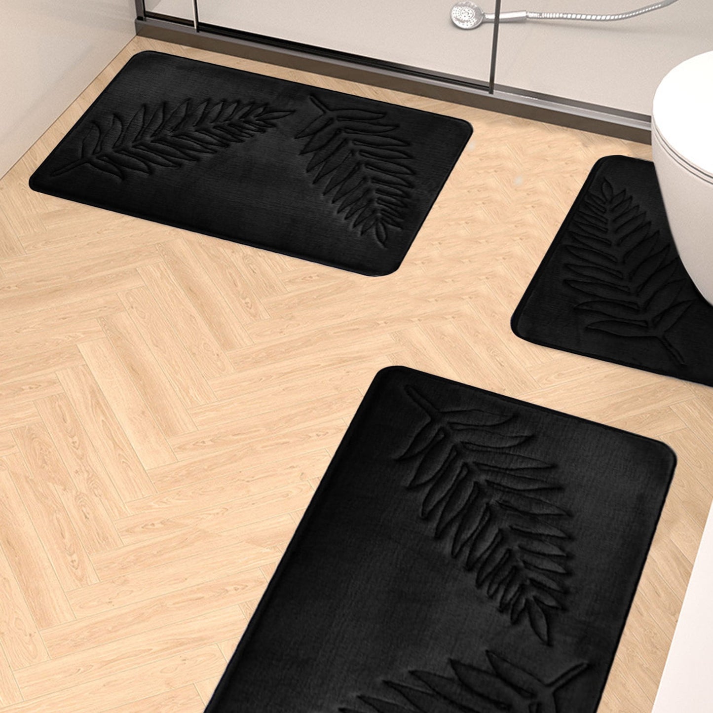 Summercome 3 Pcs Bathroom Rugs, Leaves Bath Mat Toilet Mats, Soft Comfortable Non-Slip Bathroom Rug Set, Bath Mats for Bathroom, Machine Washable Bath Mat Bathroom Rug Sets, 20x31.5in, Black 3pc Dark Gray