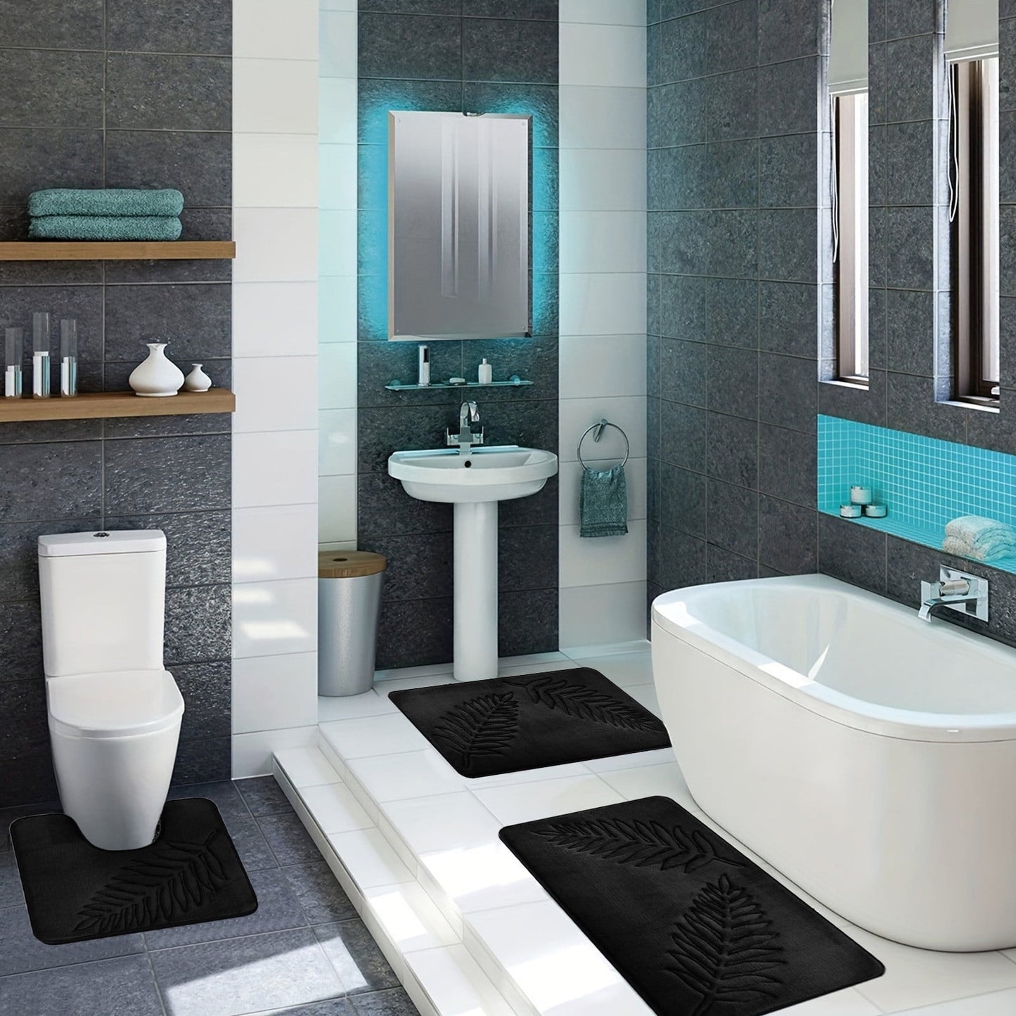 Summercome 3 Pcs Bathroom Rugs, Leaves Bath Mat Toilet Mats, Soft Comfortable Non-Slip Bathroom Rug Set, Bath Mats for Bathroom, Machine Washable Bath Mat Bathroom Rug Sets, 20x31.5in, Black 3pc Dark Gray
