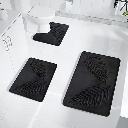 Summercome 3 Pcs Bathroom Rugs, Leaves Bath Mat Toilet Mats, Soft Comfortable Non-Slip Bathroom Rug Set, Bath Mats for Bathroom, Machine Washable Bath Mat Bathroom Rug Sets, 20x31.5in, Black 3pc Gray