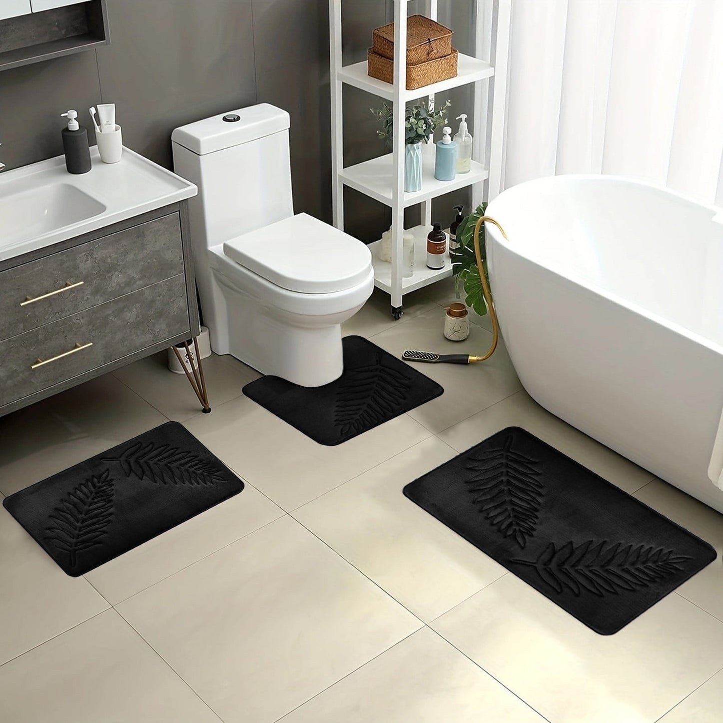 Summercome 3 Pcs Bathroom Rugs, Leaves Bath Mat Toilet Mats, Soft Comfortable Non-Slip Bathroom Rug Set, Bath Mats for Bathroom, Machine Washable Bath Mat Bathroom Rug Sets, 20x31.5in, Black 3pc Green