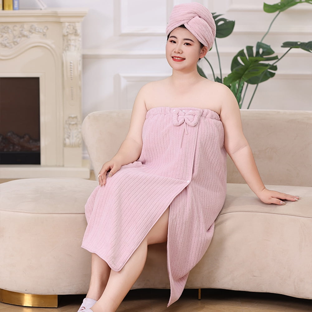 Bath Towel Wrap Women Plus Size - Adjustable Soft Microfiber Shower After Body Wraps with Hair Drying Towel Absorbent & Quick Drying for Gym Shower, Beach, Spa, Sauna Pink