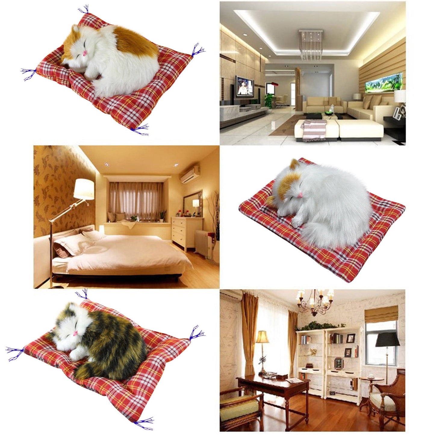 Tarmeek Simulation Sleeping Cat Dolls Toys,Simulation Cat Plush Animals Toy Will Call With Cloth Mat Sleeping Cat Doll Plush Toy for Room Decor,Birthday Gifts for Kids F