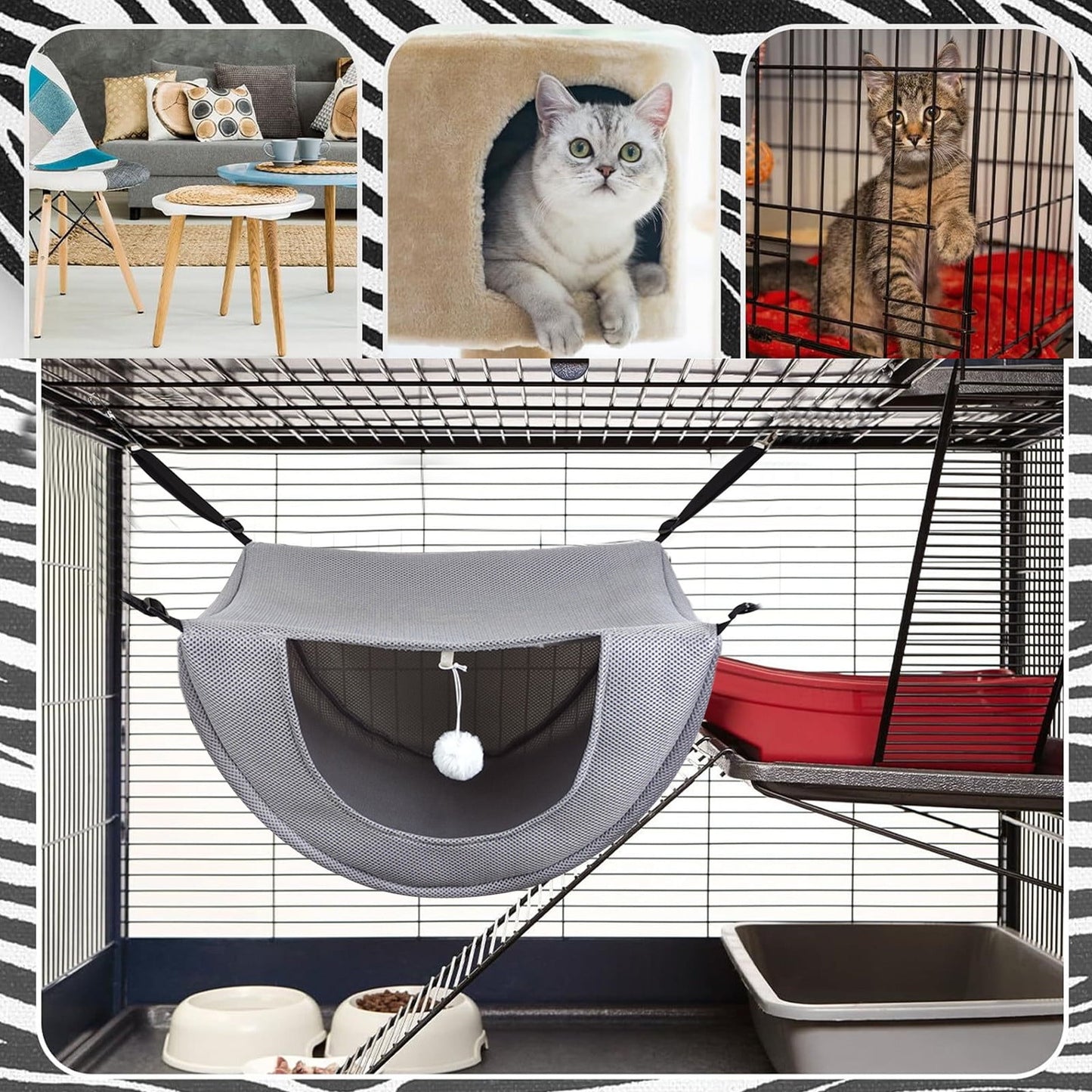 Darzheoy Cat Cage Hammock, Hanging Soft Pet Bed, Summer Breathable Pet Cage Hammock with Adjustable Straps, for Indoor Kitten Puppy Rabbit or Small Pet Gray